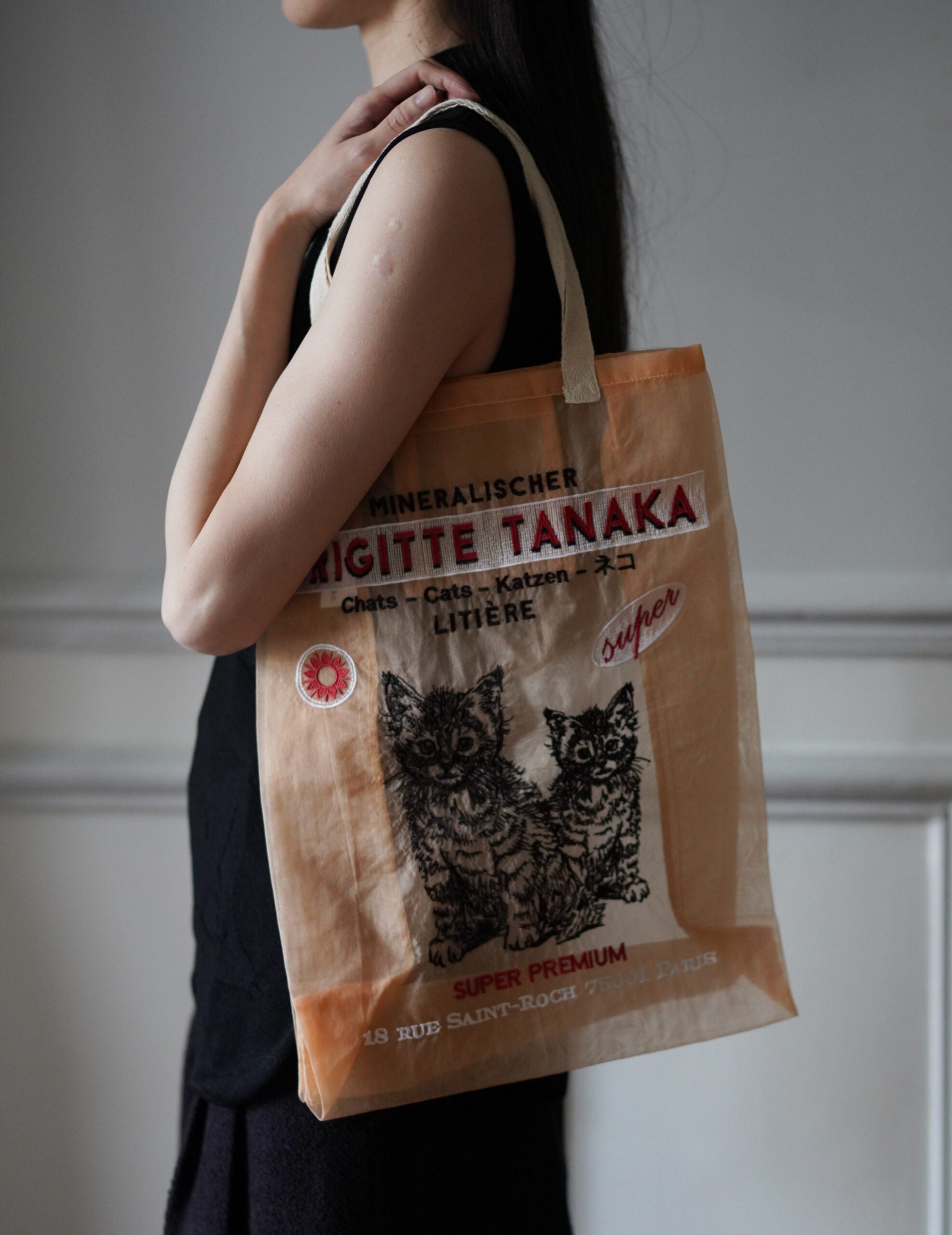 貓咪刺繡歐根紗手袋・蜜桃色