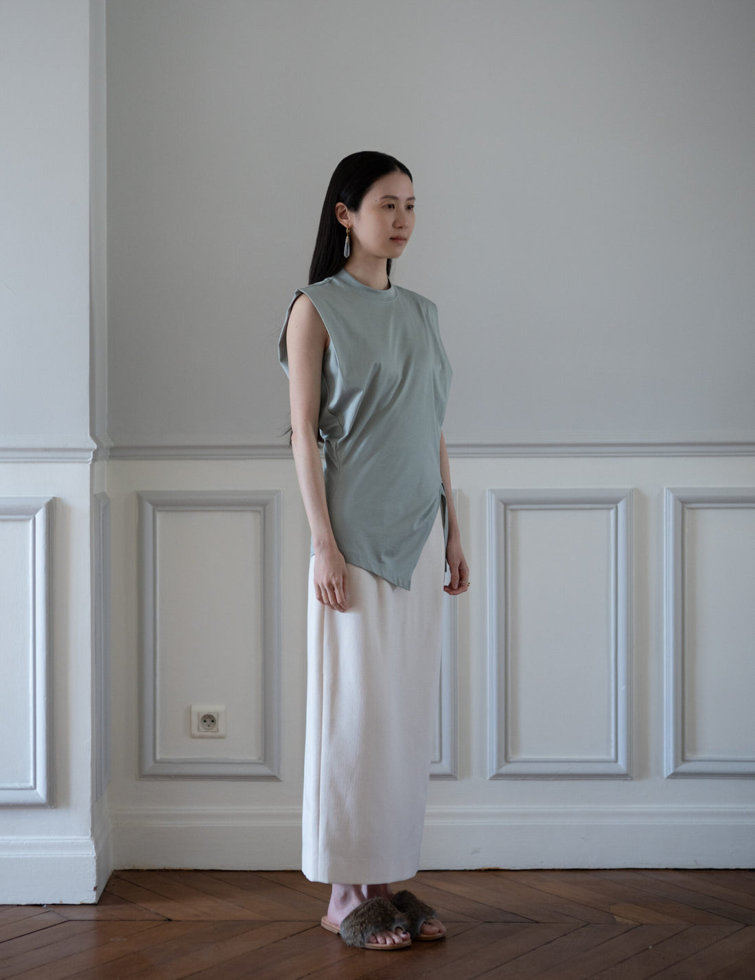 Cotton Jersey Asymmetric Sleeveless Top・Grey