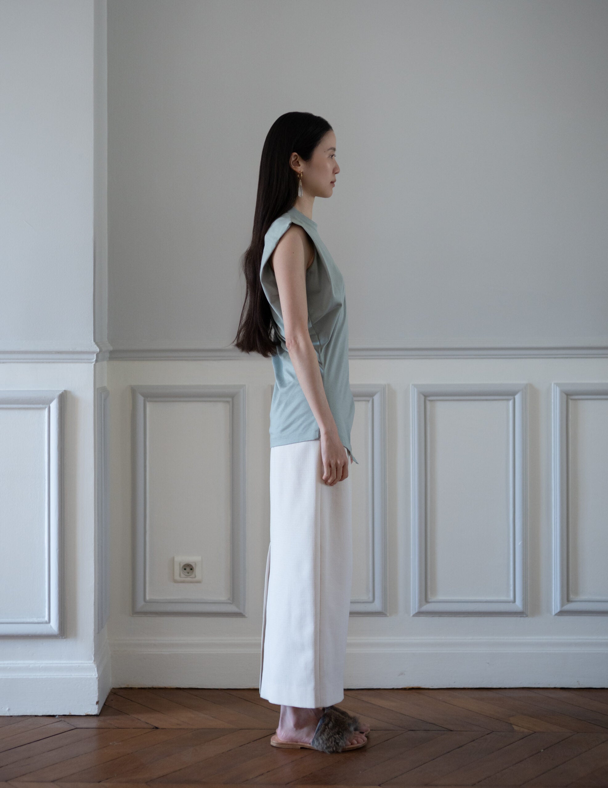 Cotton Jersey Asymmetric Sleeveless Top・Grey