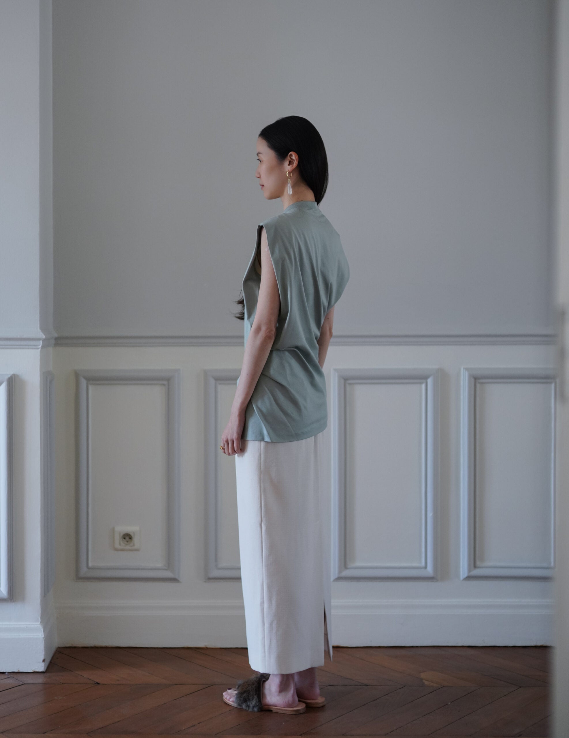 Cotton Jersey Asymmetric Sleeveless Top・Grey