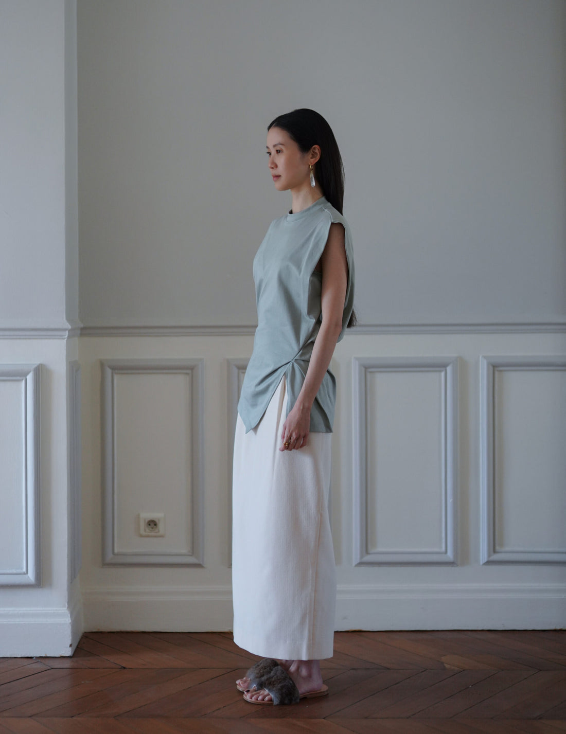 Cotton Jersey Asymmetric Sleeveless Top・Grey