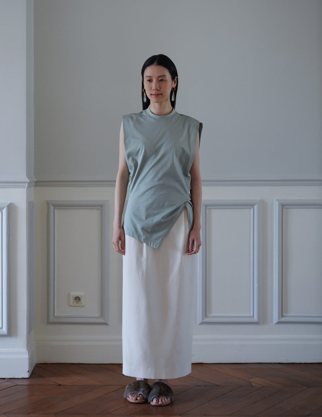 Cotton Jersey Asymmetric Sleeveless Top・Grey