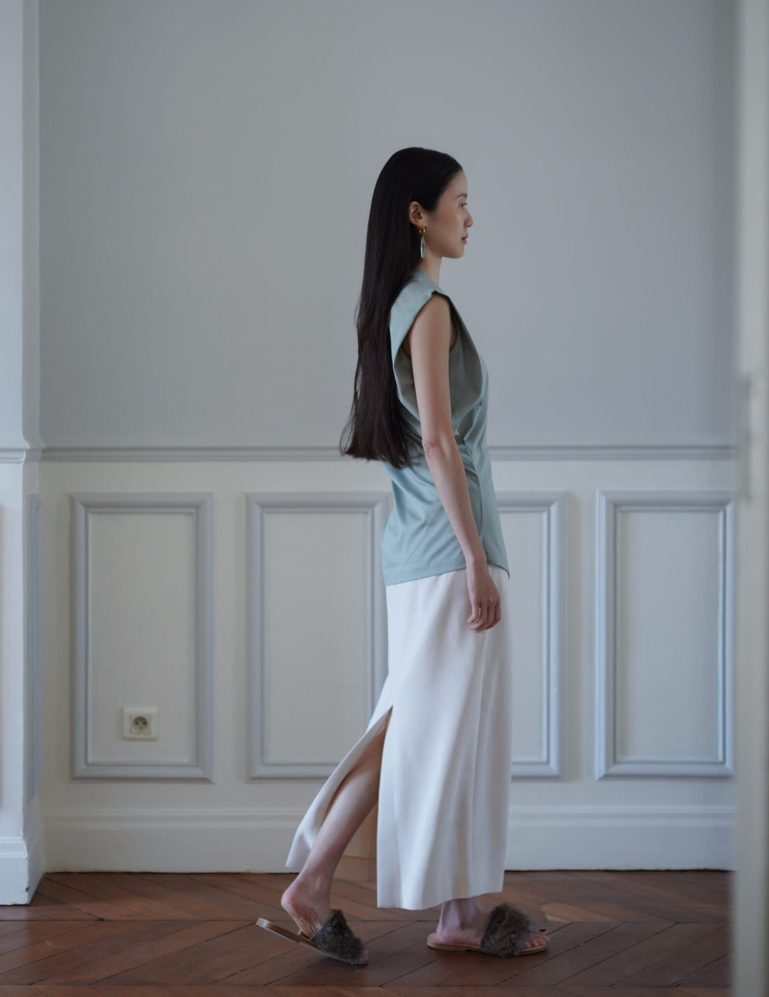 Cotton Jersey Asymmetric Sleeveless Top・Grey