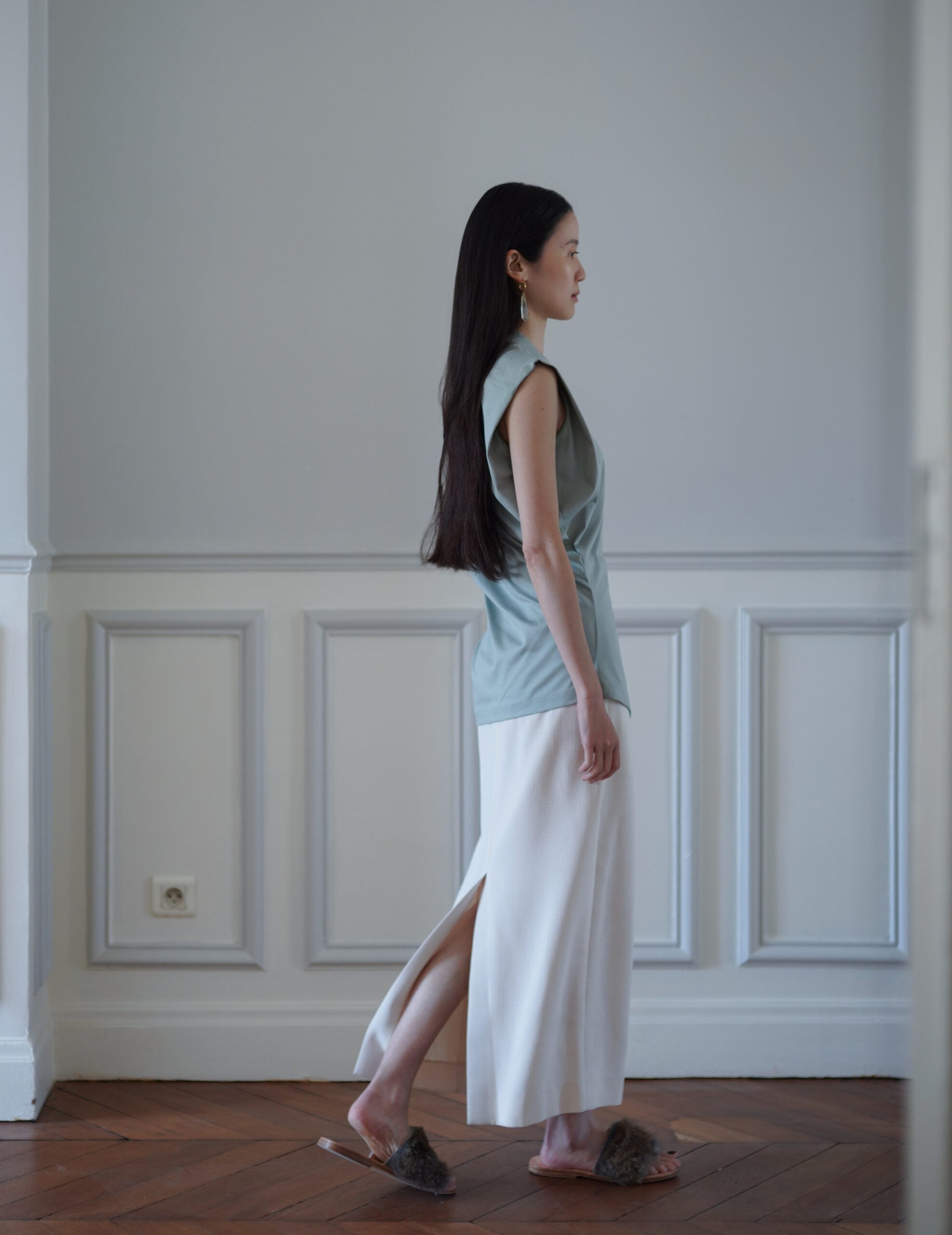 Cotton Jersey Asymmetric Sleeveless Top・Grey