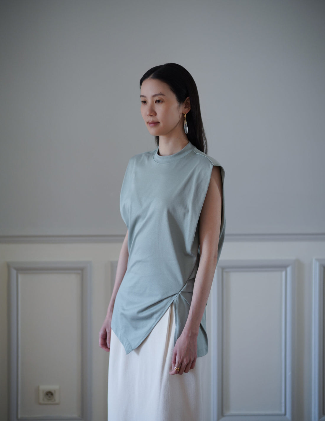 Cotton Jersey Asymmetric Sleeveless Top・Grey