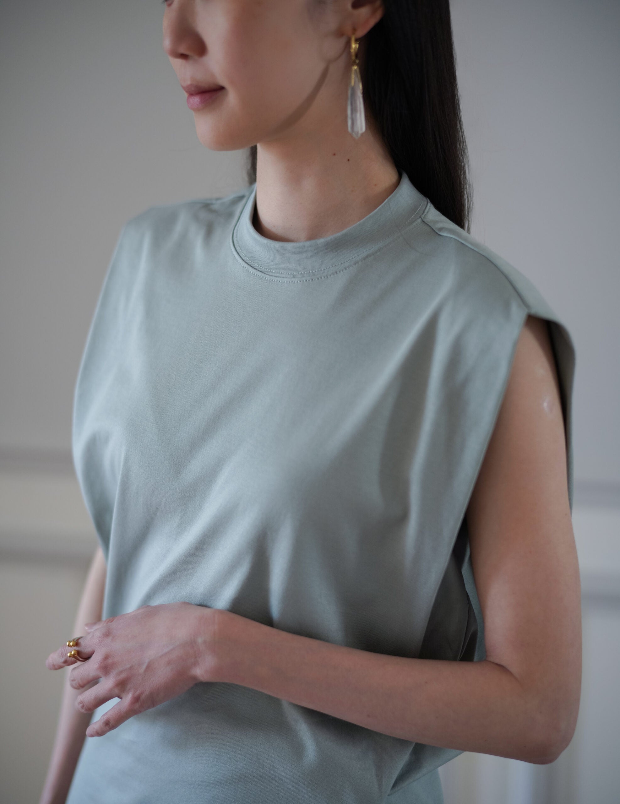 Cotton Jersey Asymmetric Sleeveless Top・Grey