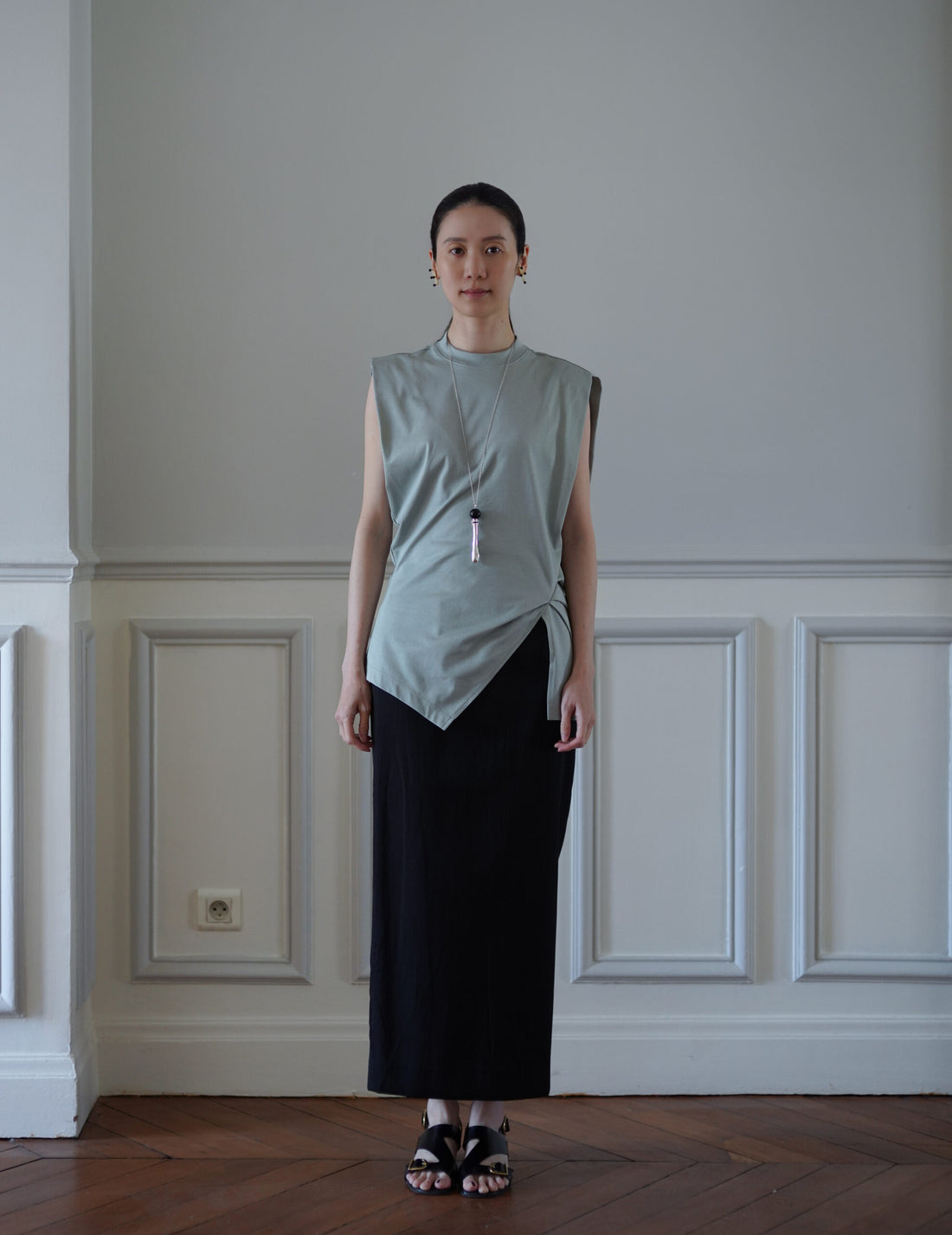 Cotton Jersey Asymmetric Sleeveless Top・Grey