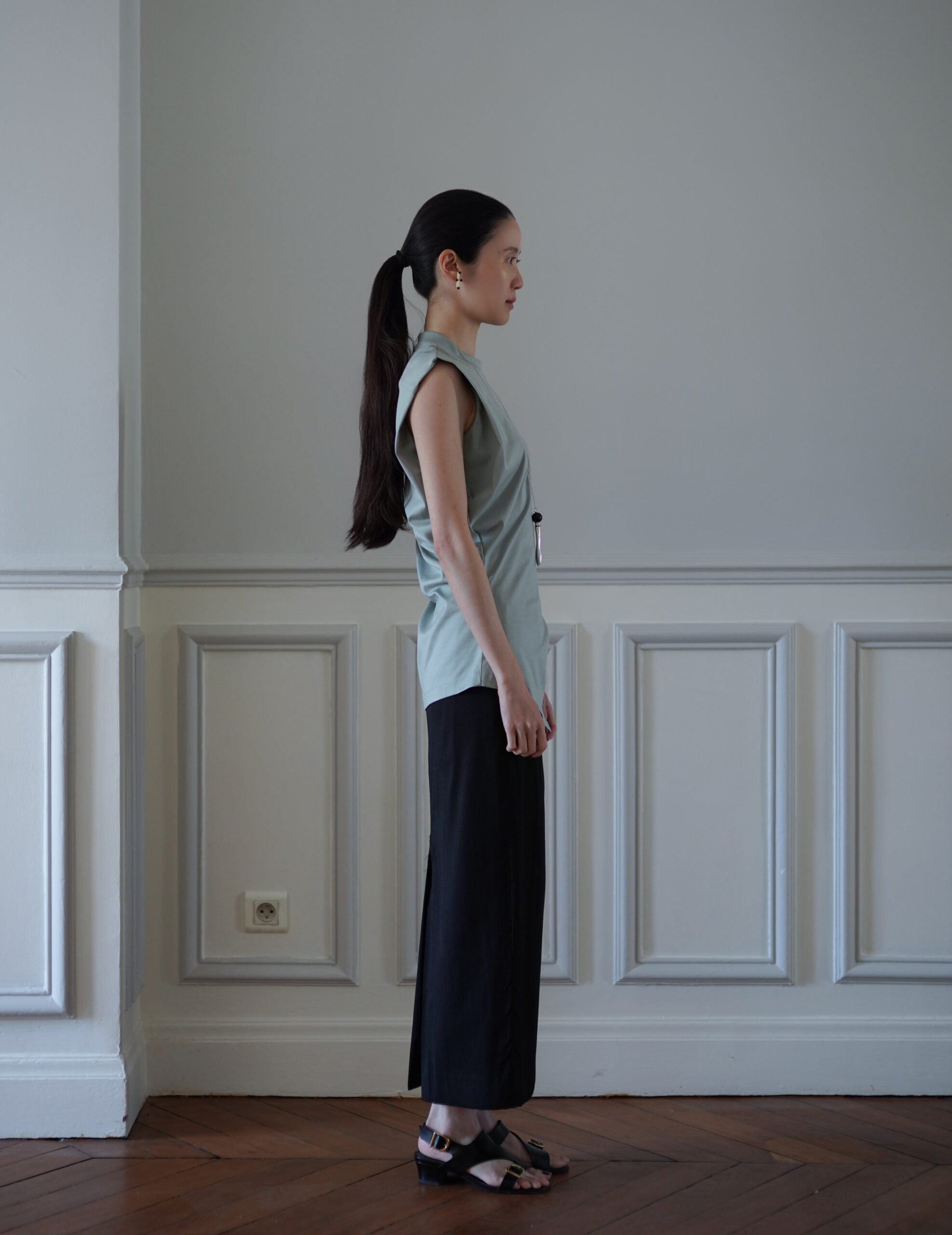 Cotton Jersey Asymmetric Sleeveless Top・Grey