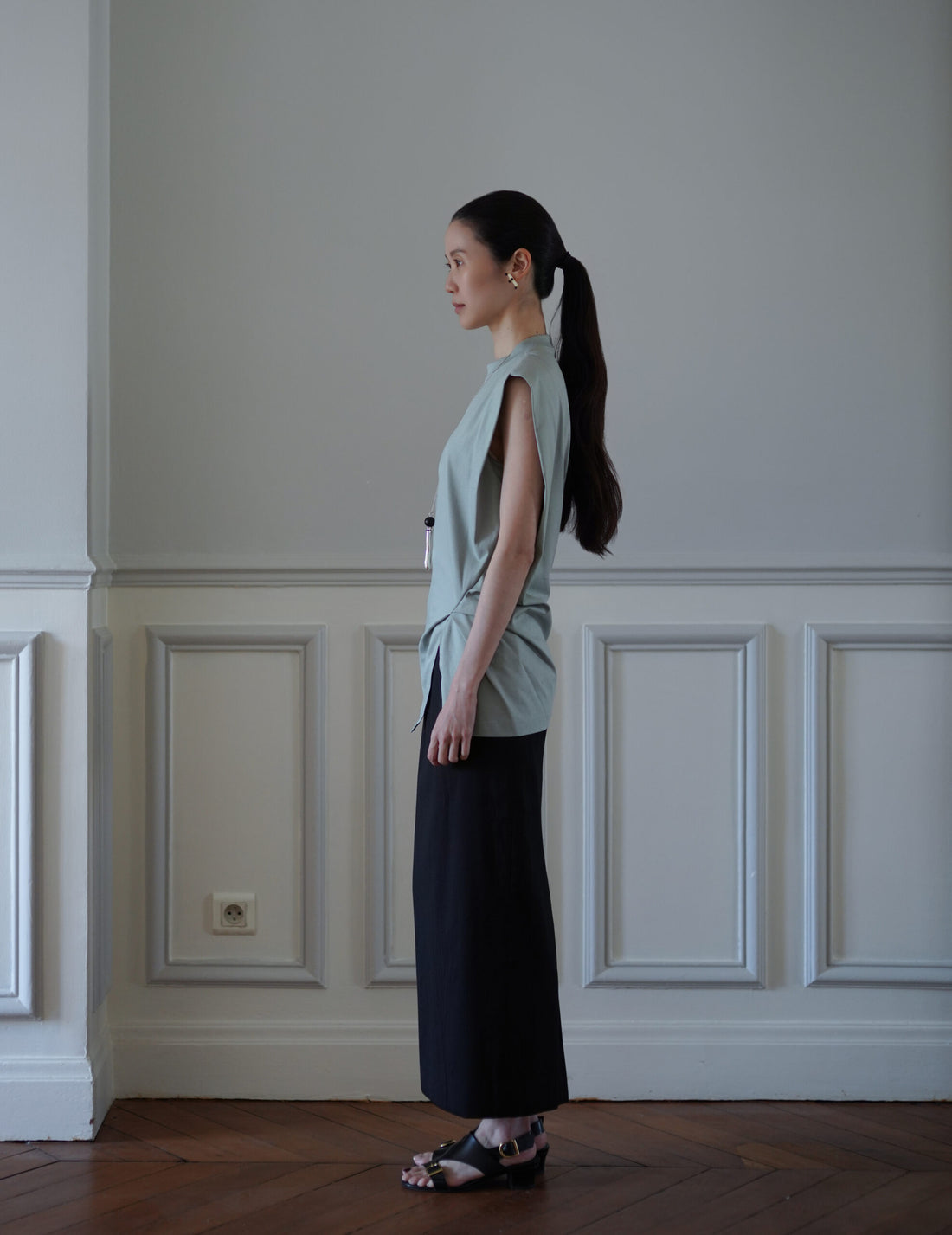 Cotton Jersey Asymmetric Sleeveless Top・Grey