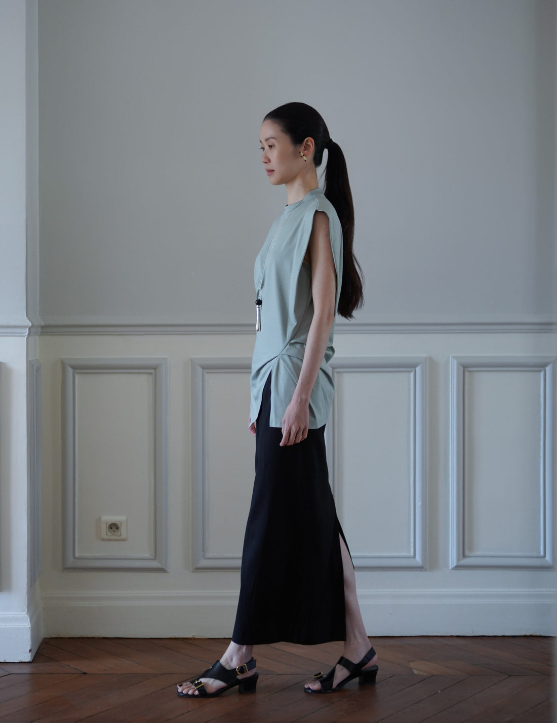 Cotton Jersey Asymmetric Sleeveless Top・Grey