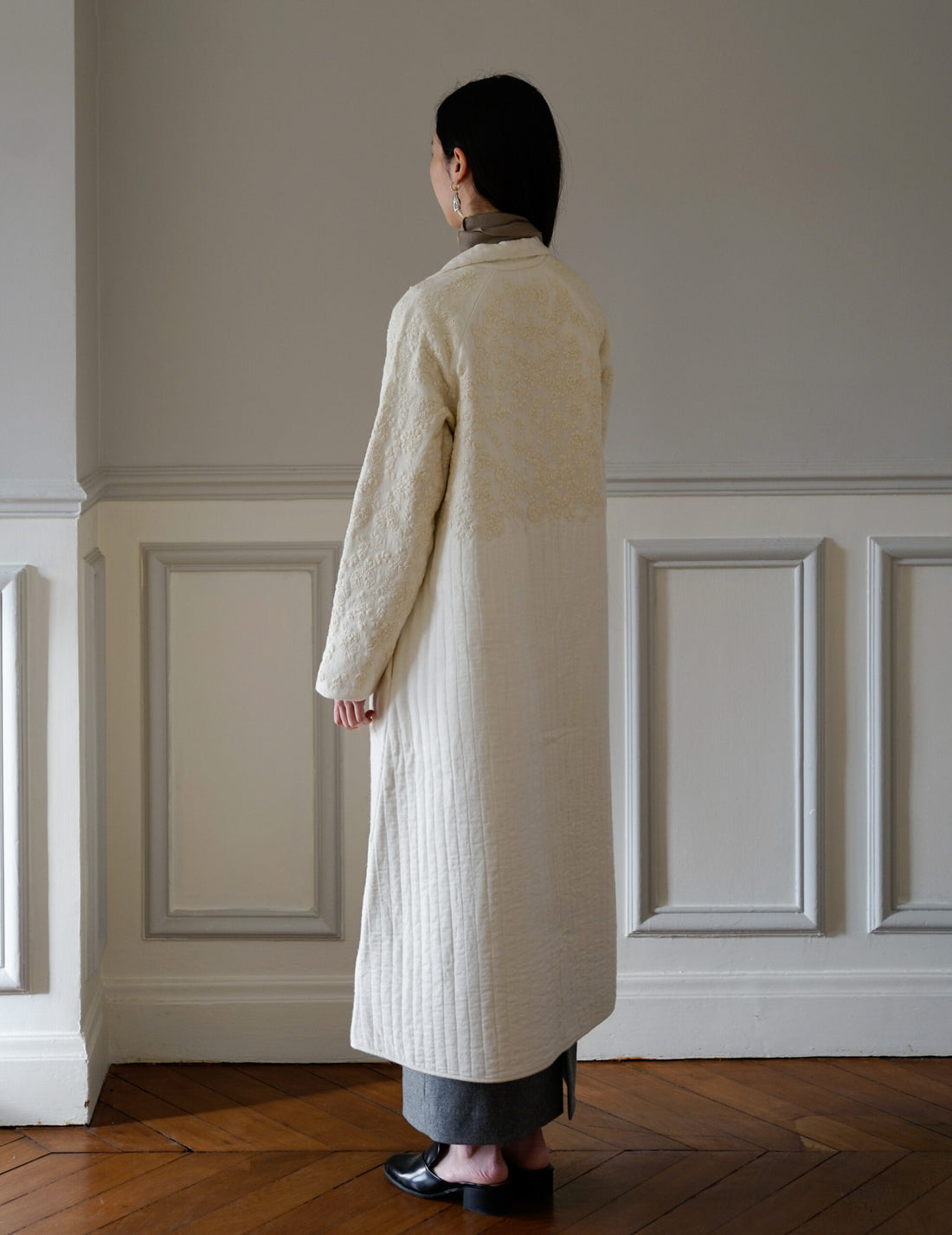 RITA Quilted Coat with Blossom Embroidery ・ Ivory