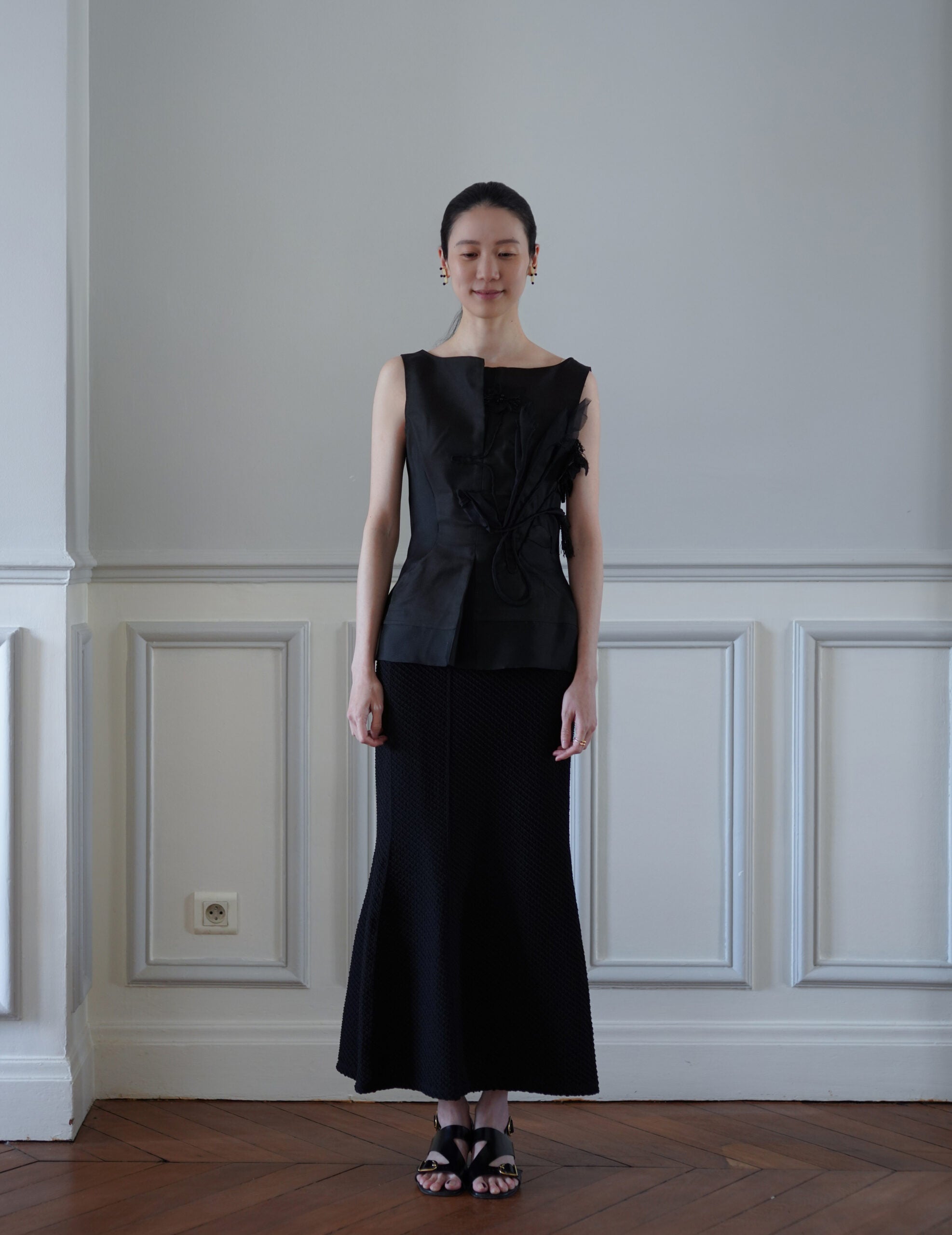 Shirring Jersey Jacquard Flare Skirt・Black