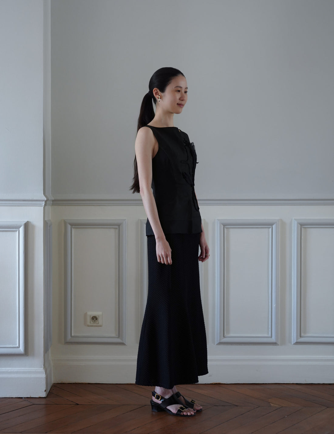 Shirring Jersey Jacquard Flare Skirt・Black