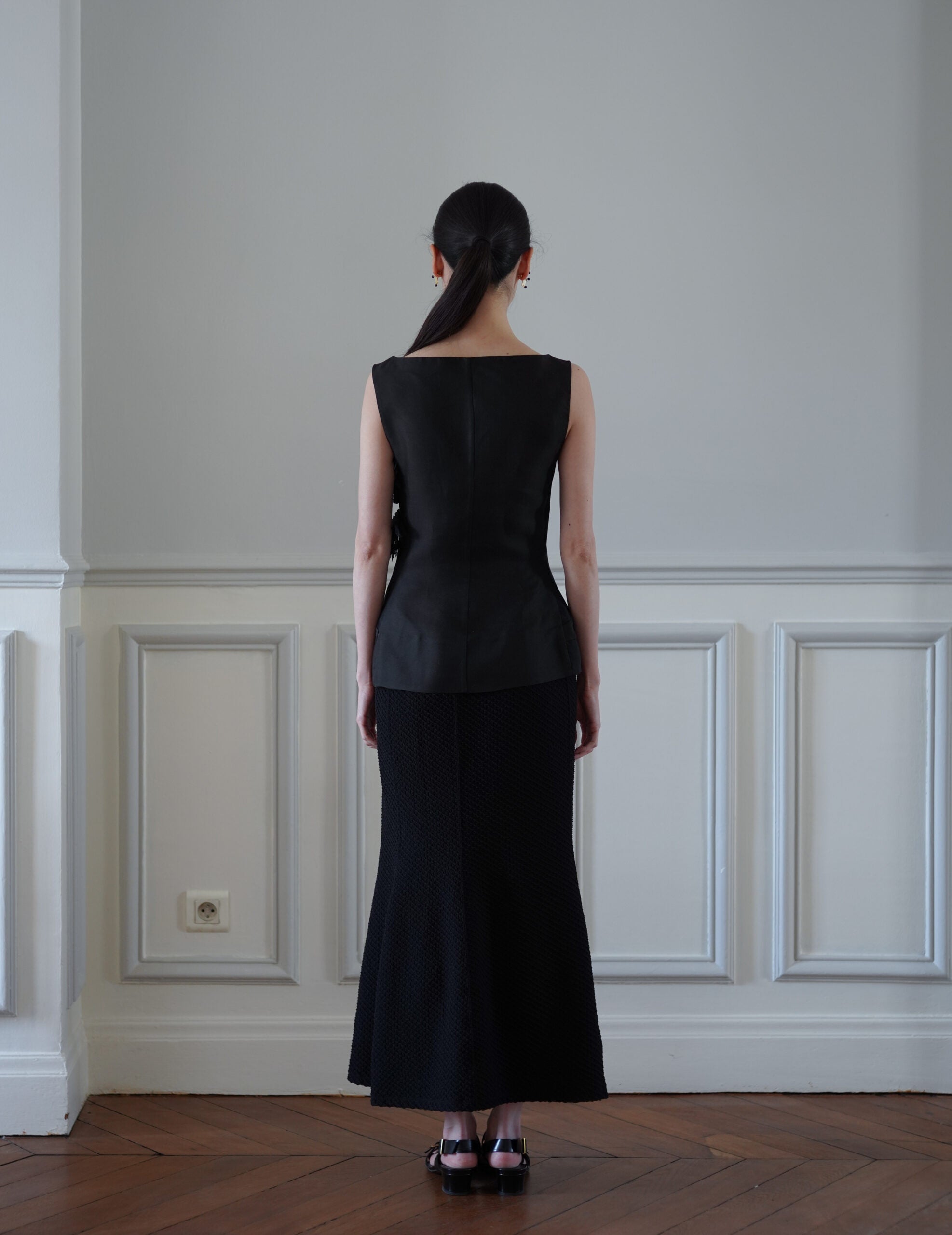 Shirring Jersey Jacquard Flare Skirt・Black