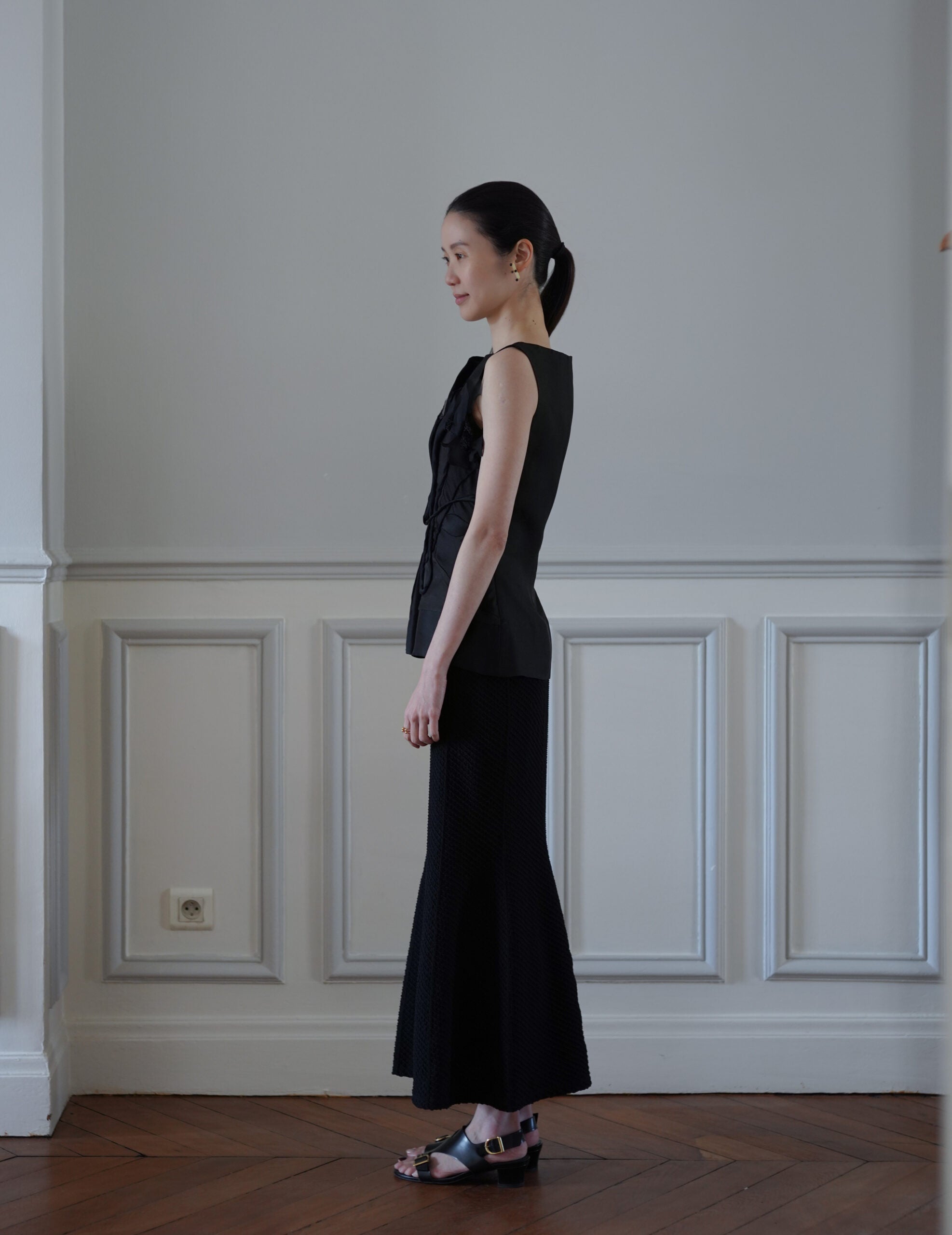 Shirring Jersey Jacquard Flare Skirt・Black