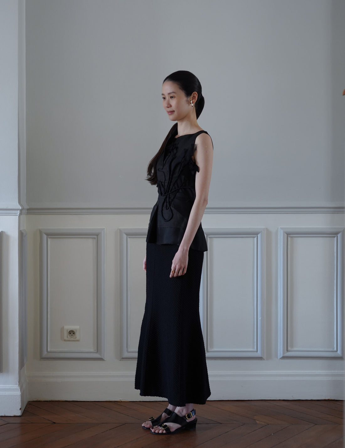 Shirring Jersey Jacquard Flare Skirt・Black