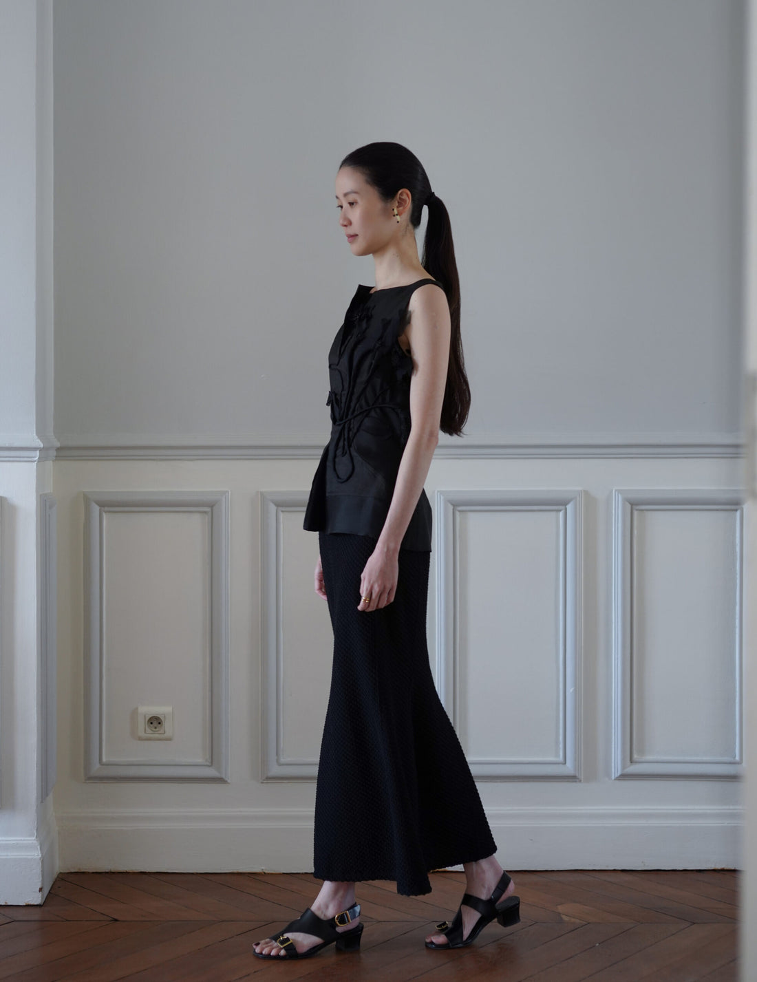 Shirring Jersey Jacquard Flare Skirt・Black