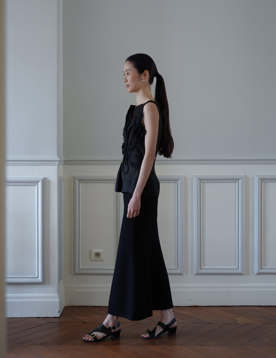 Shirring Jersey Jacquard Flare Skirt・Black