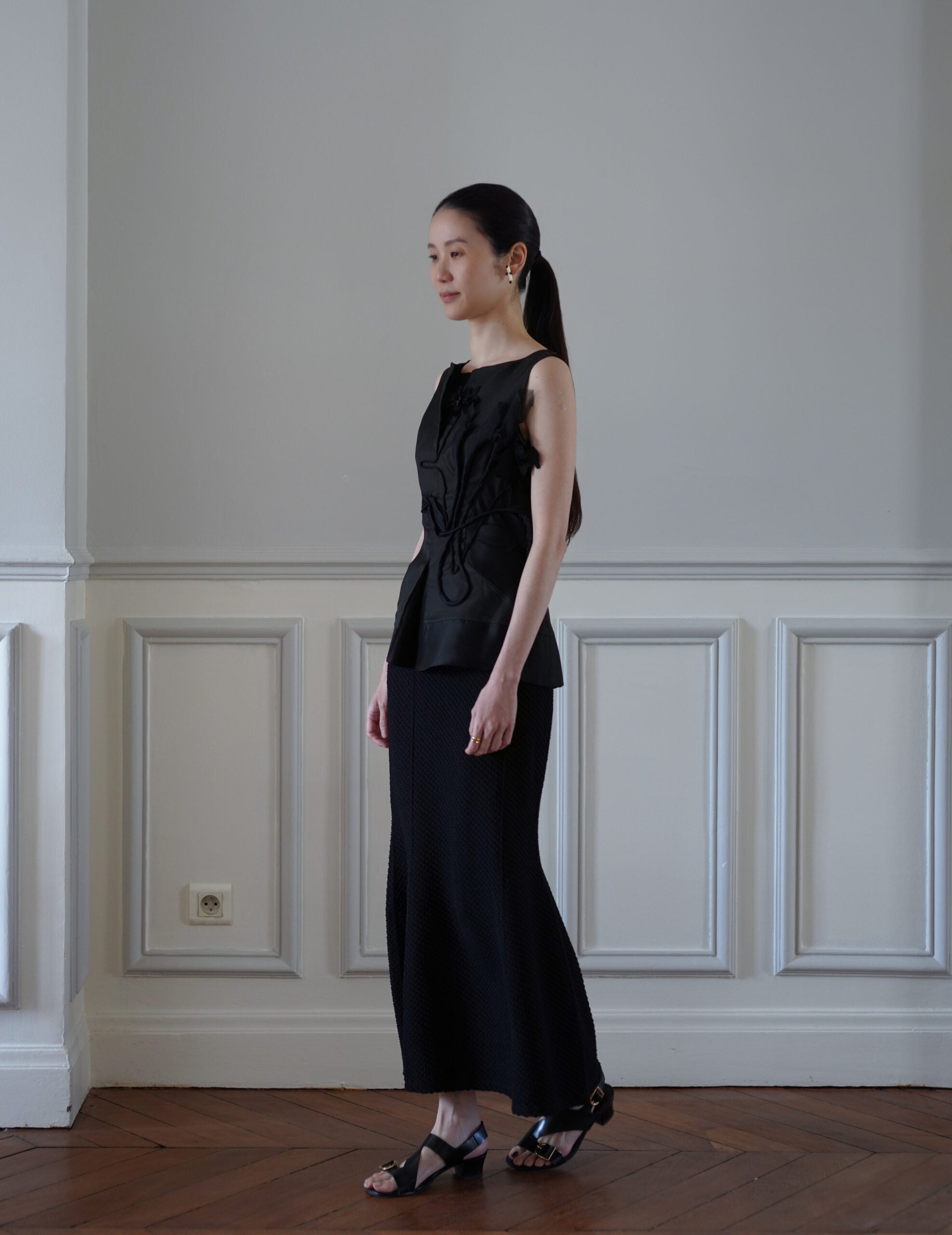 Shirring Jersey Jacquard Flare Skirt・Black