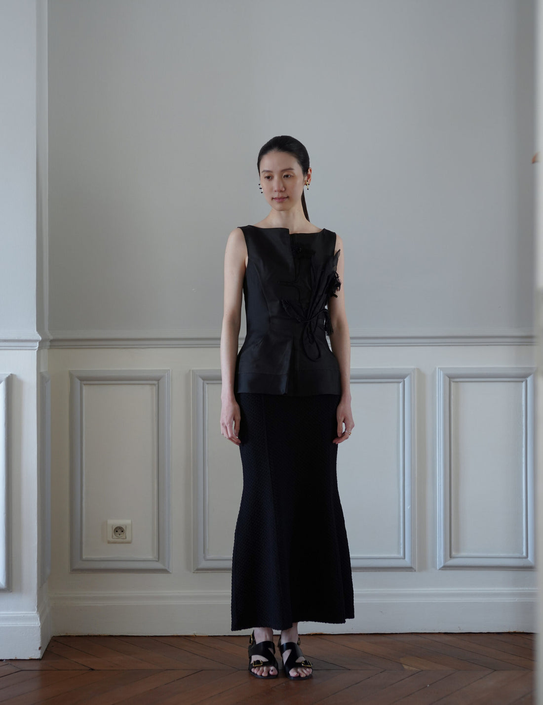 Shirring Jersey Jacquard Flare Skirt・Black