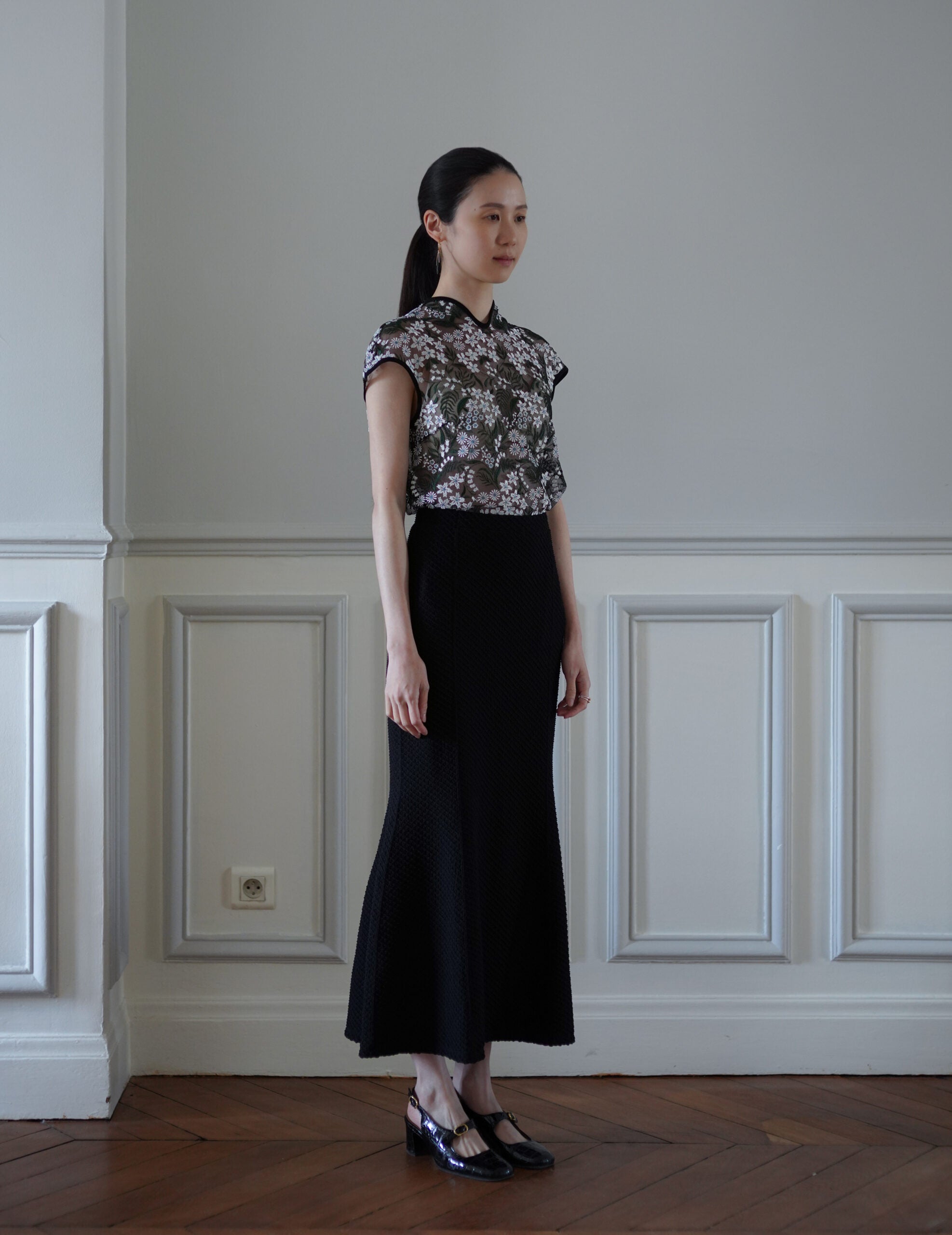 Shirring Jersey Jacquard Flare Skirt・Black