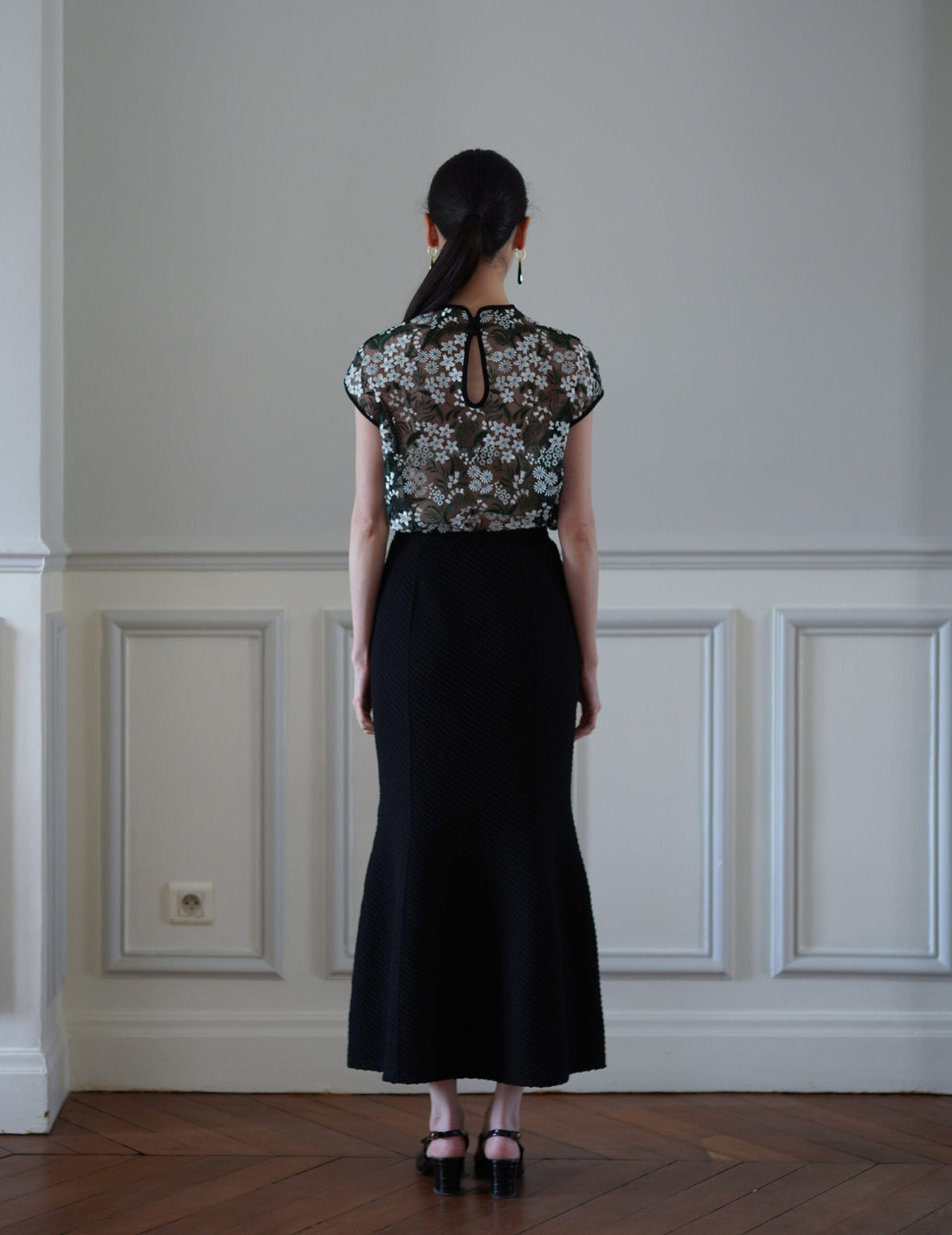 Shirring Jersey Jacquard Flare Skirt・Black