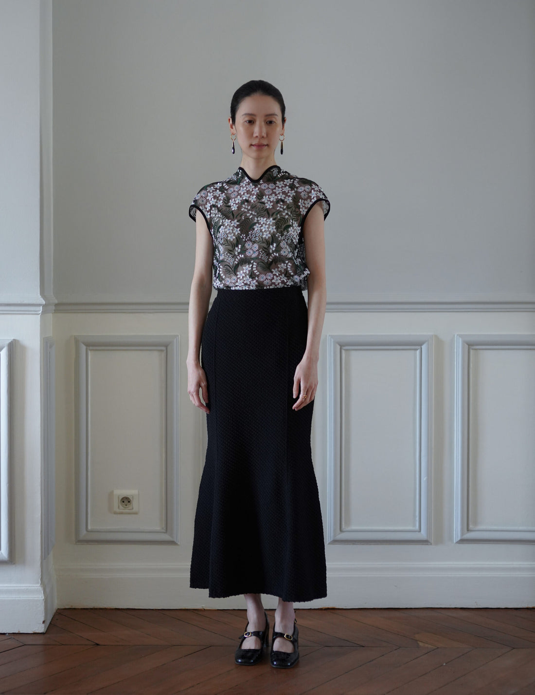 Shirring Jersey Jacquard Flare Skirt・Black