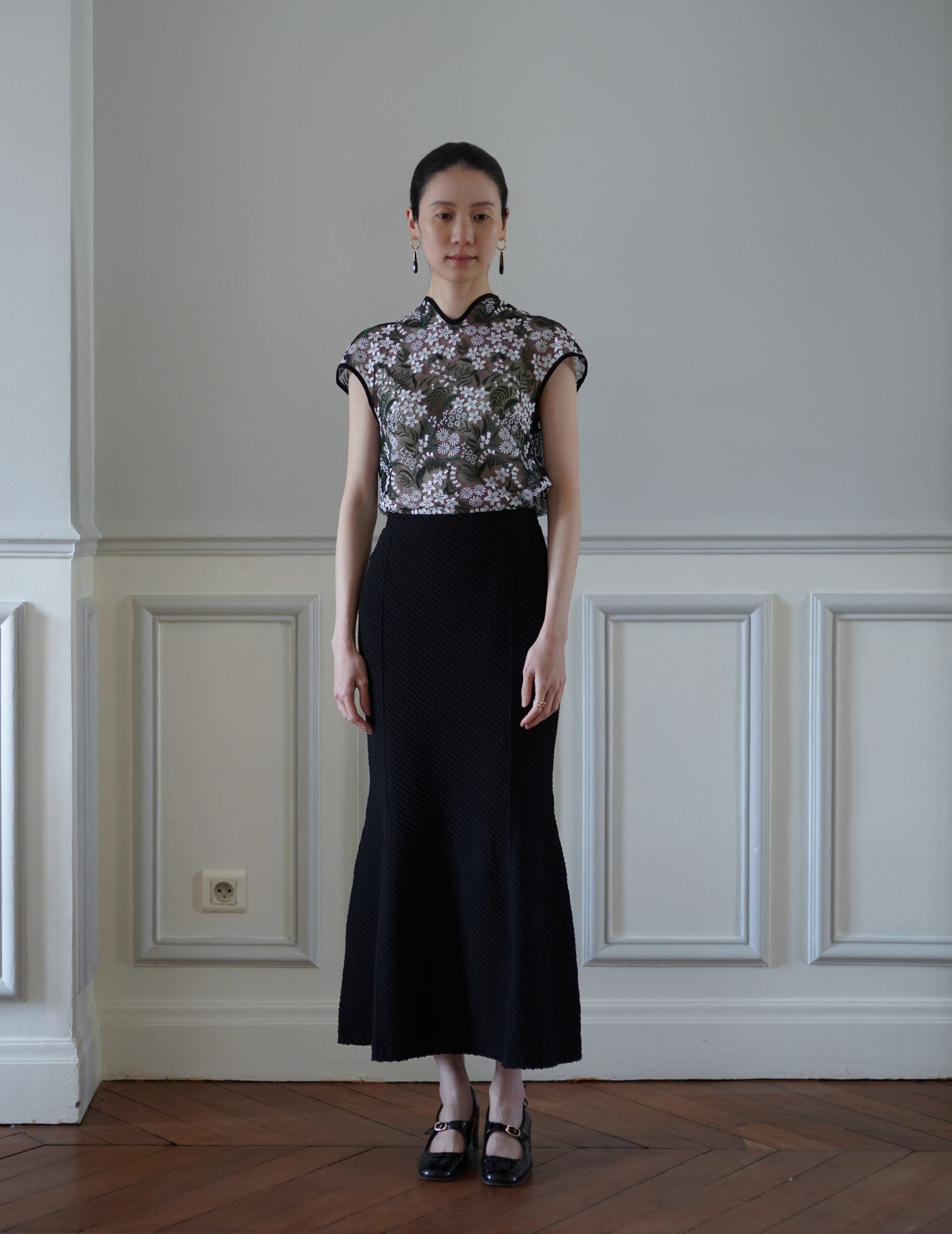 Shirring Jersey Jacquard Flare Skirt・Black