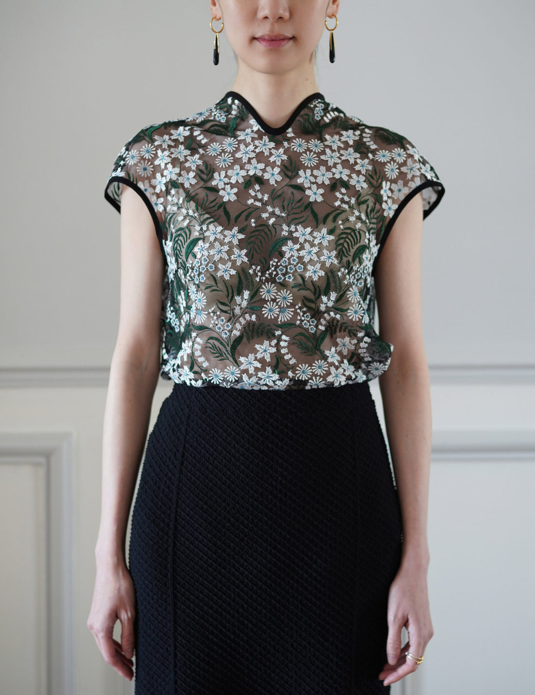 Shirring Jersey Jacquard Flare Skirt・Black