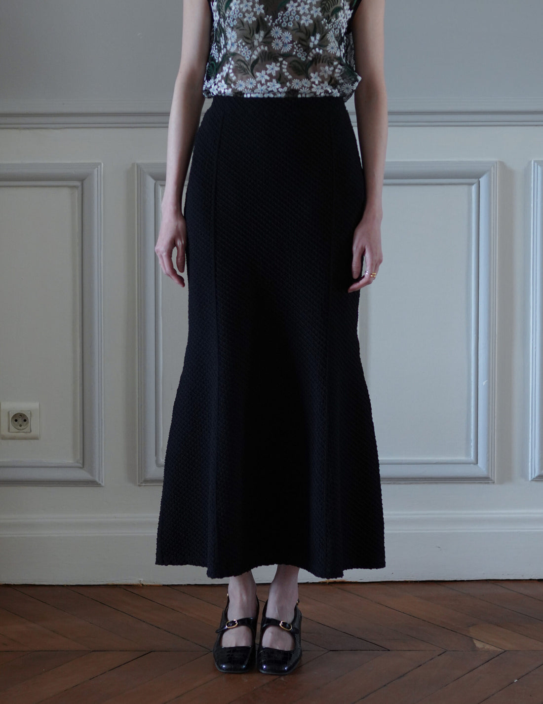 Shirring Jersey Jacquard Flare Skirt・Black