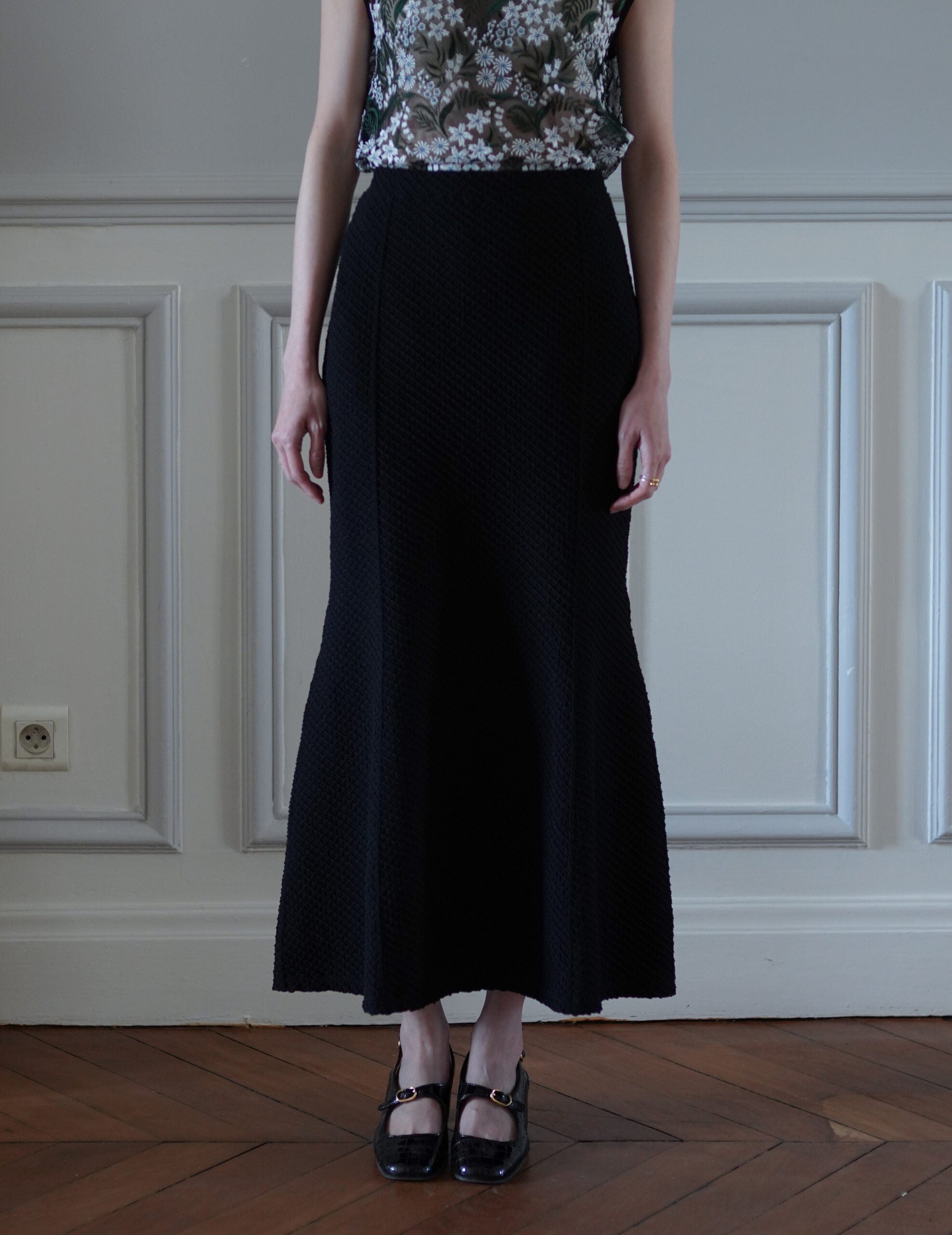 Shirring Jersey Jacquard Flare Skirt・Black
