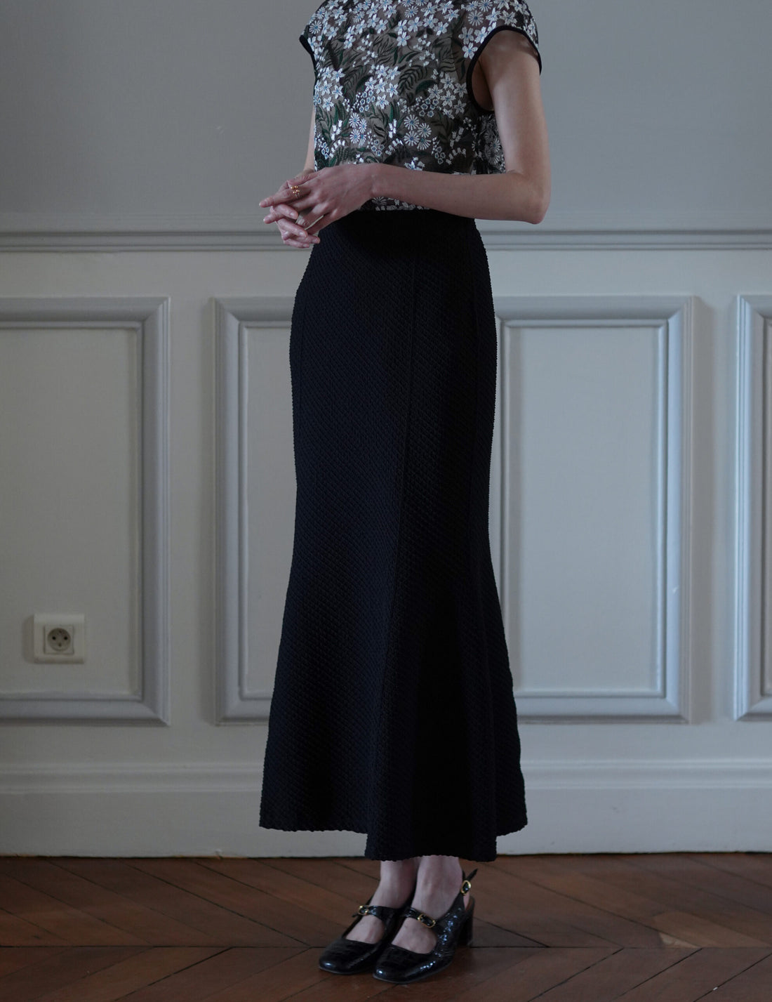 Shirring Jersey Jacquard Flare Skirt・Black