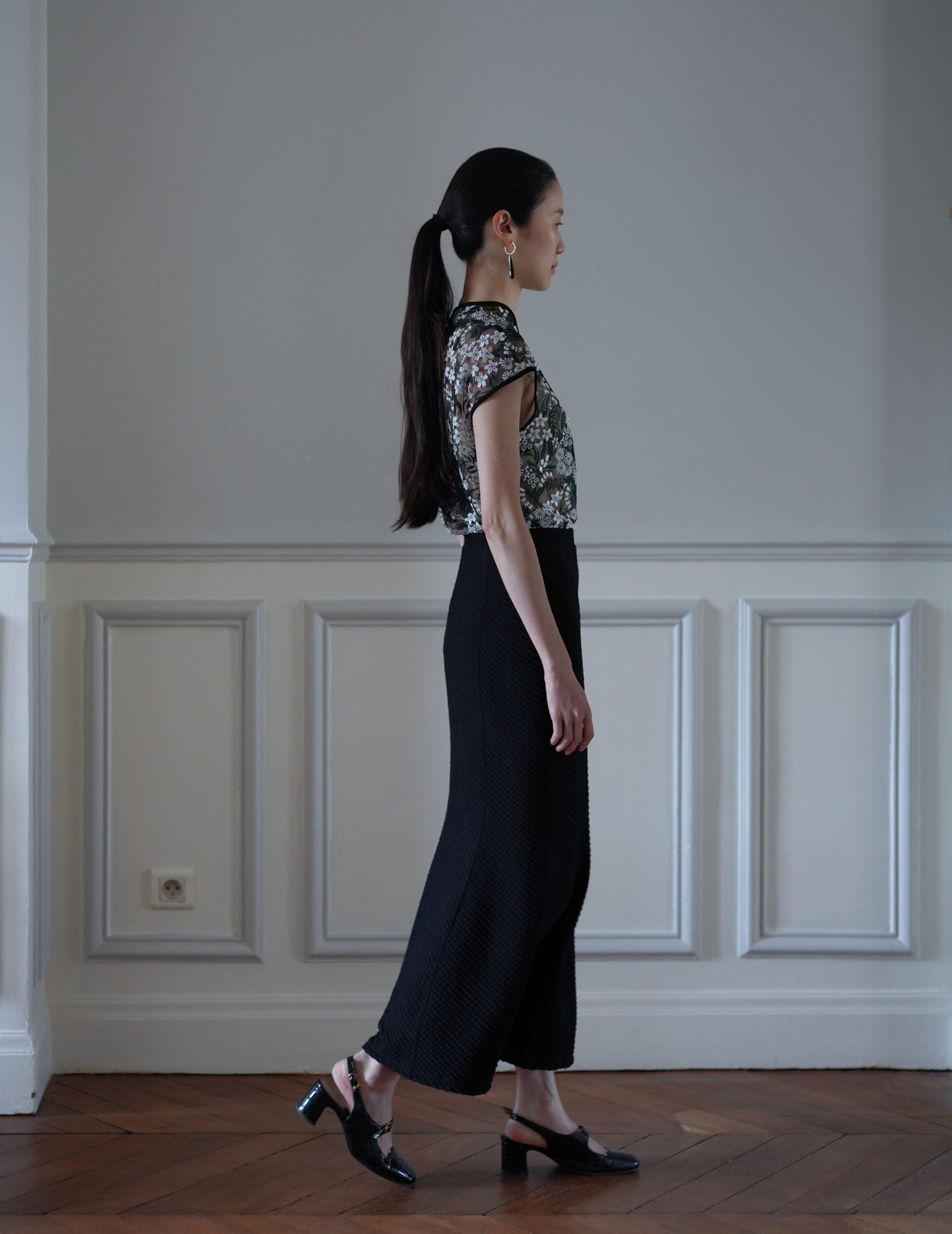 Shirring Jersey Jacquard Flare Skirt・Black