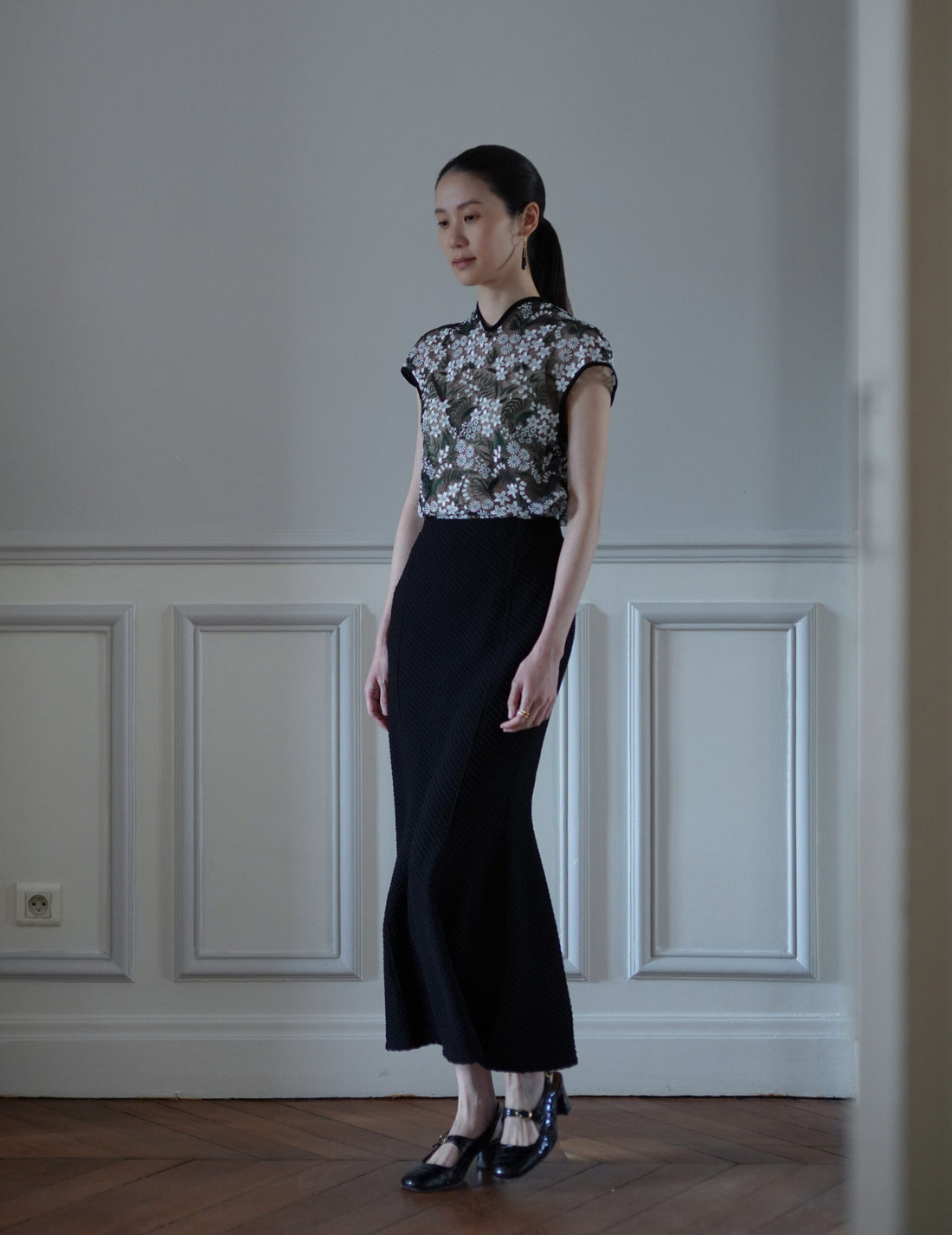 Shirring Jersey Jacquard Flare Skirt・Black