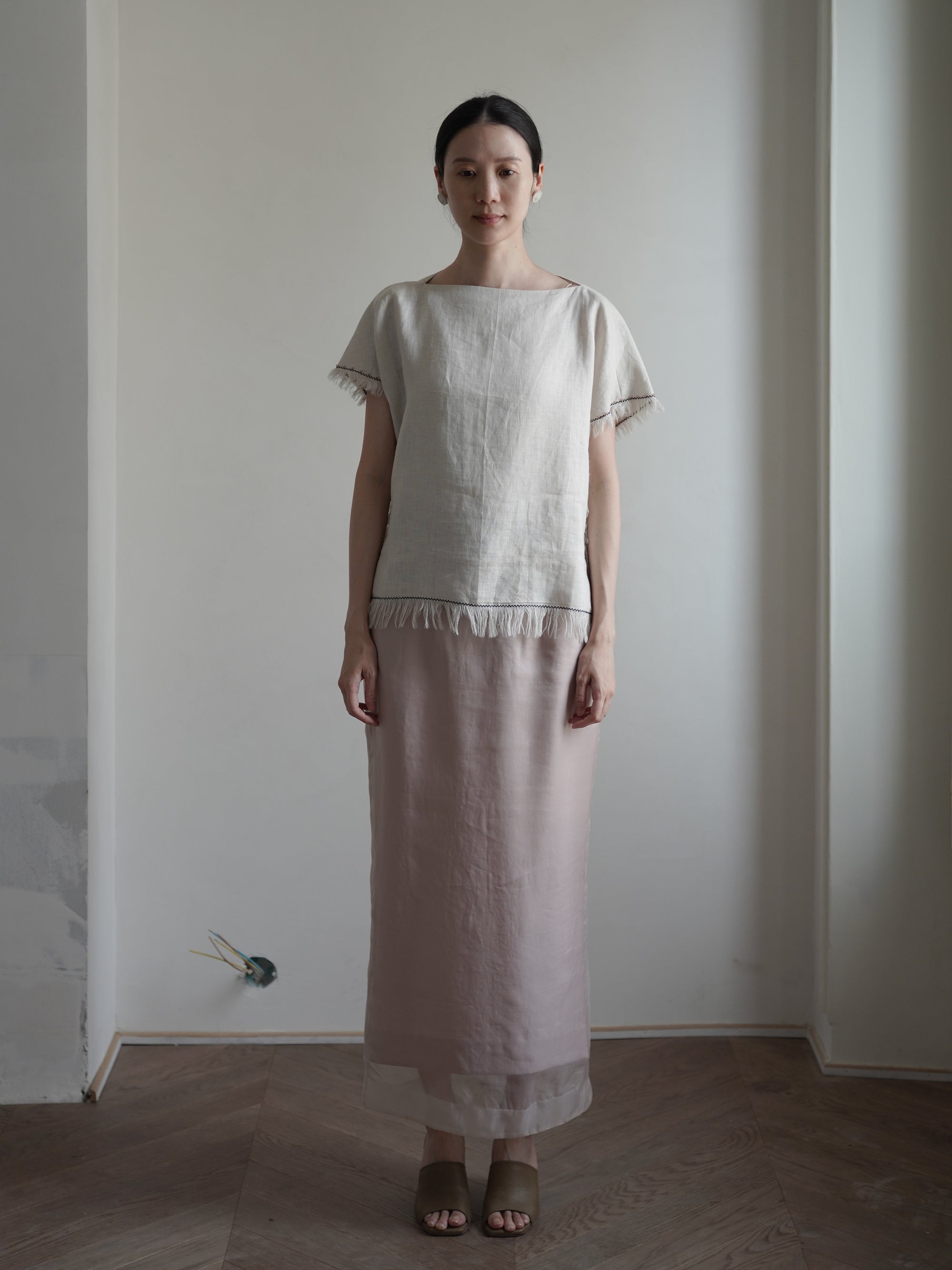 Fringe Dropped Shoulders Linen Top・Grey