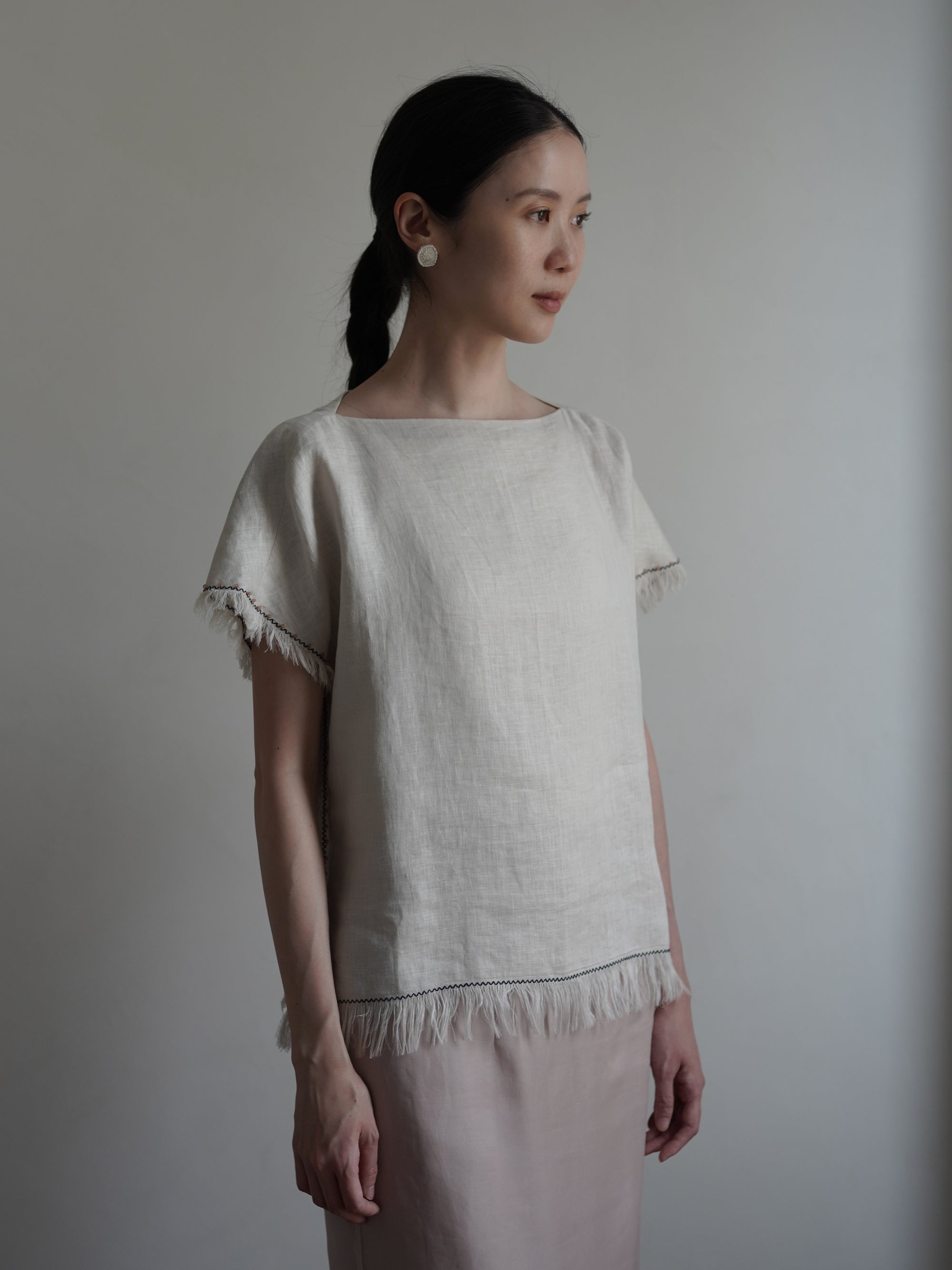 Fringe Dropped Shoulders Linen Top・Grey