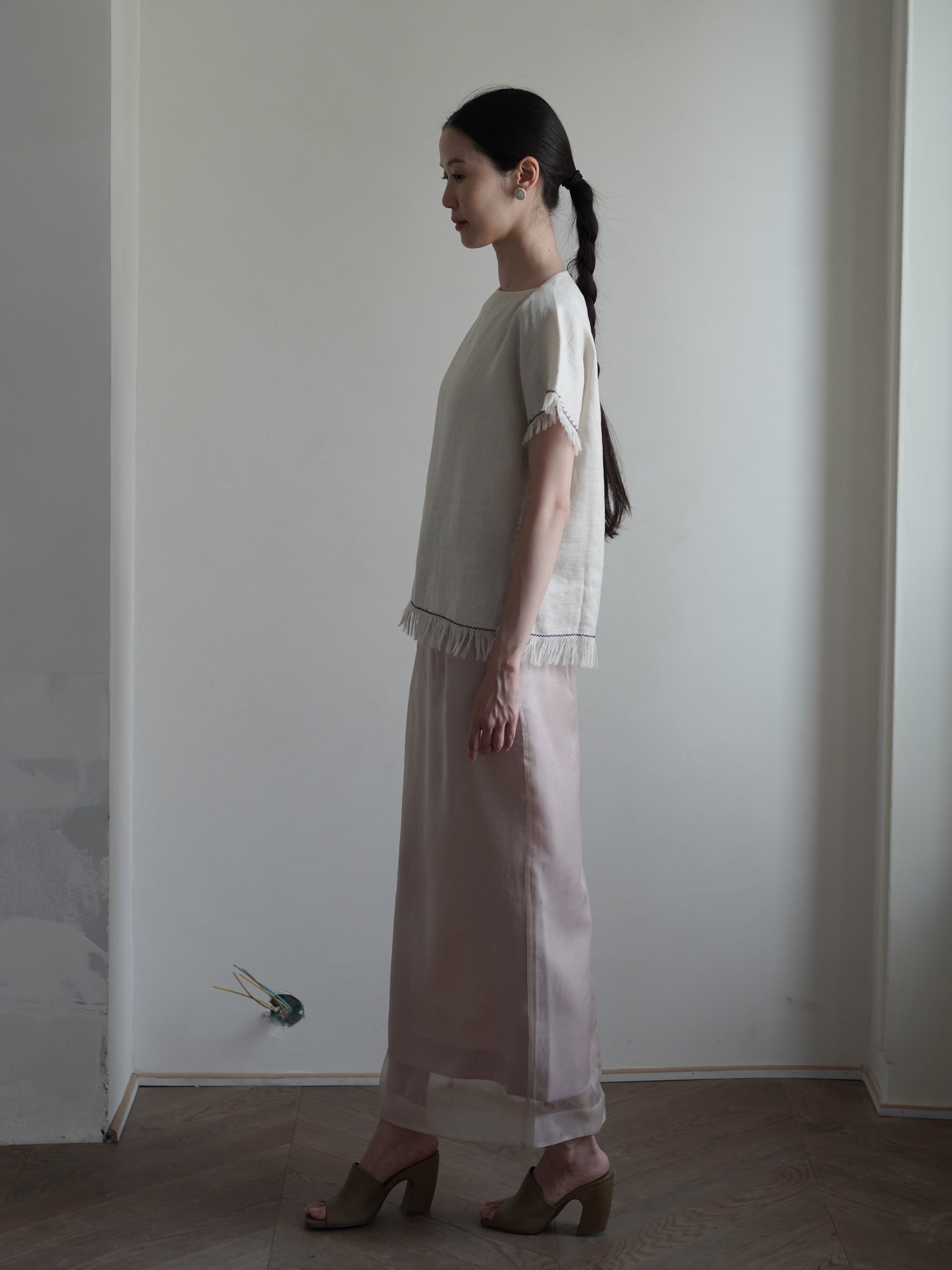 Fringe Dropped Shoulders Linen Top・Grey