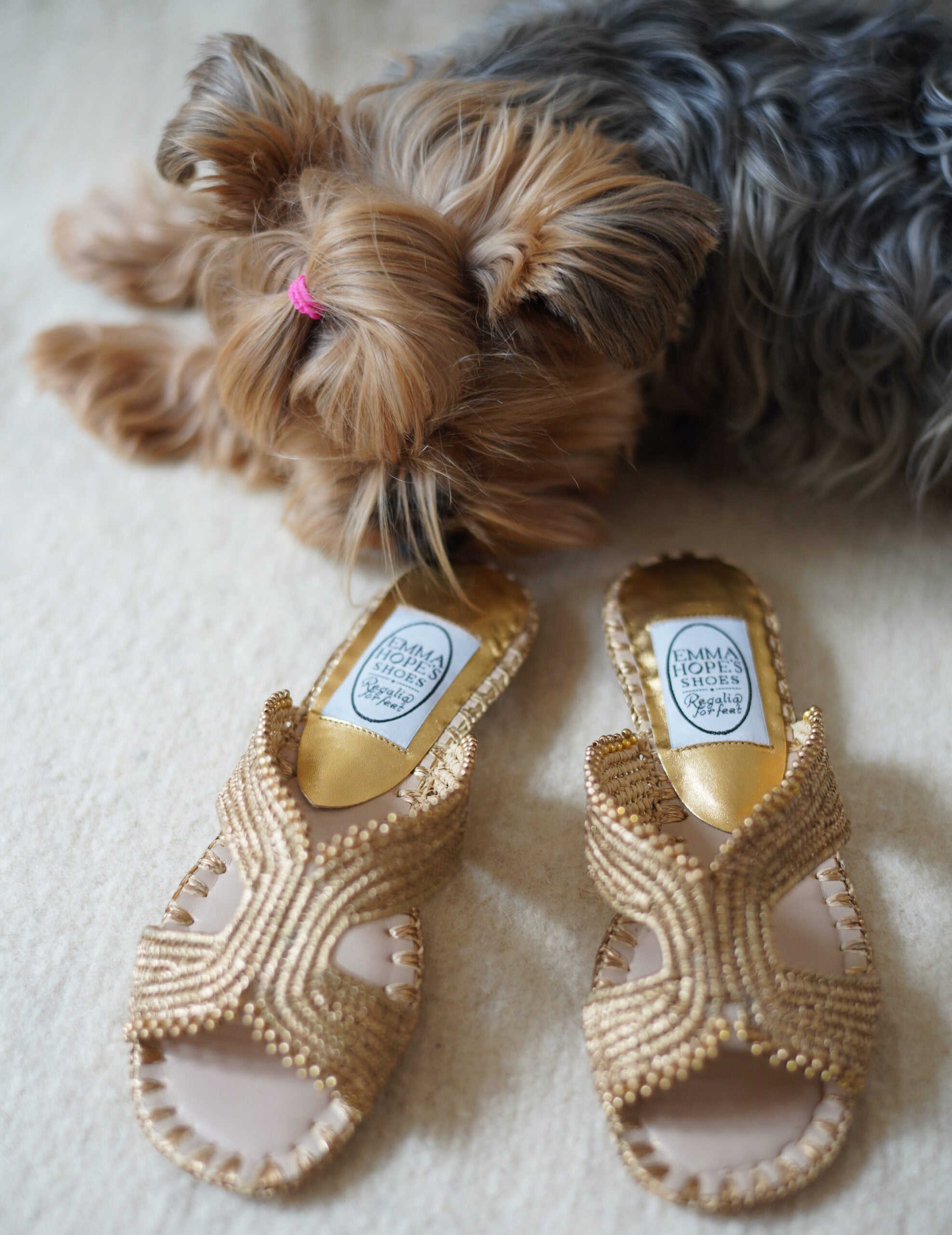 Raffia H 珠繡編織涼鞋・金色