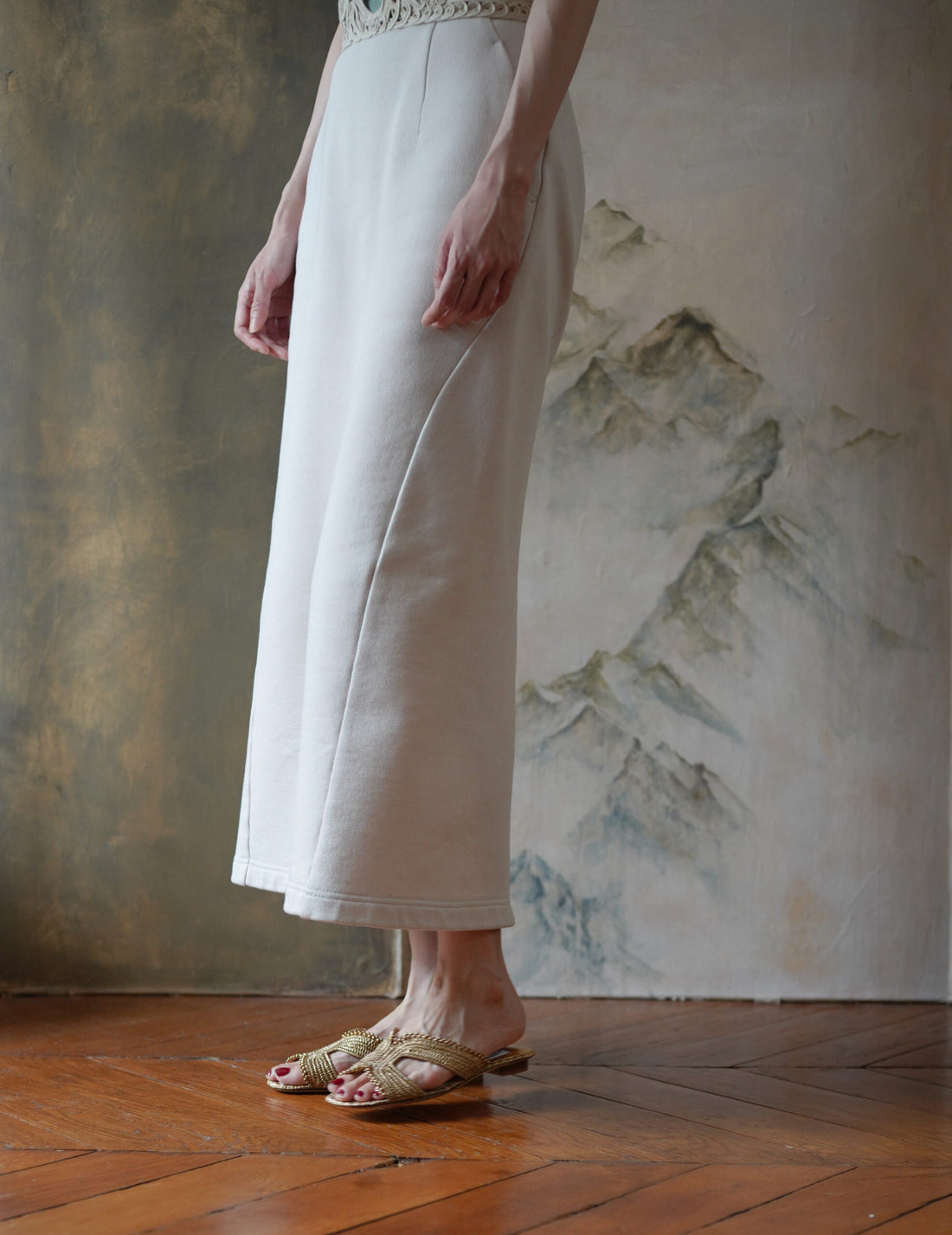 Raffia H 珠繡編織涼鞋・金色