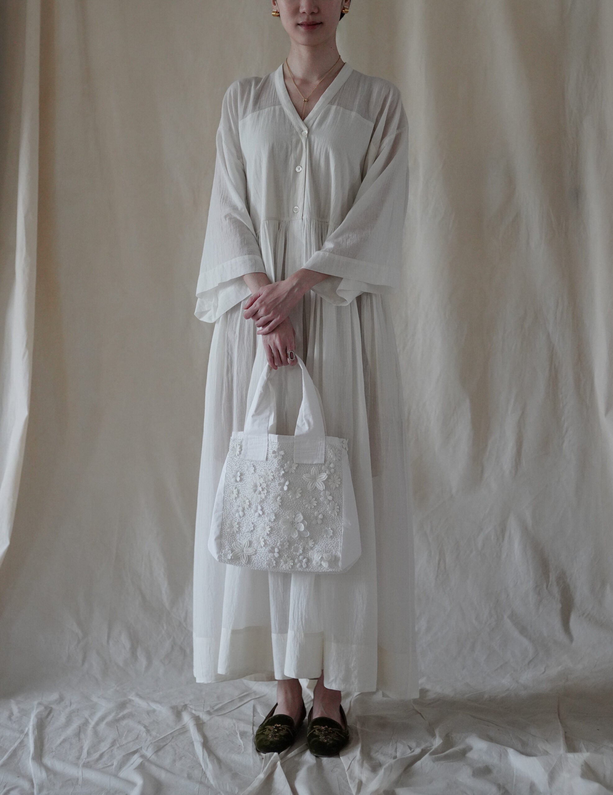 Angel 棉質珠片刺繡提袋・白色