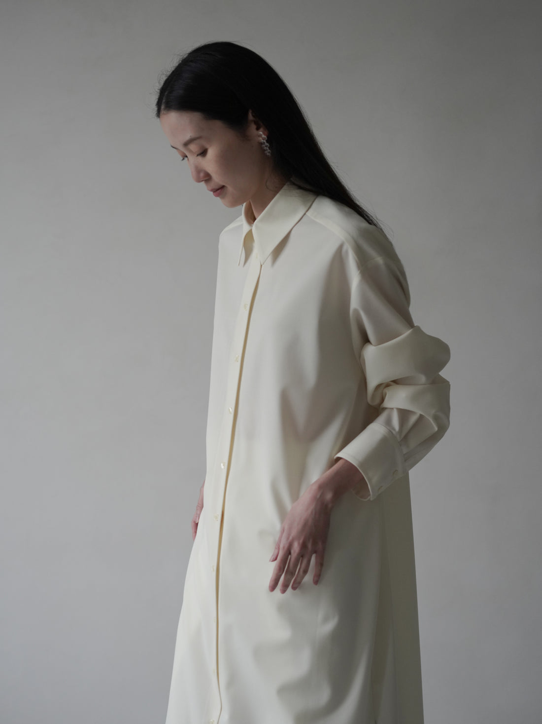 Gather Shirt Dress with Ribbon・Ivory