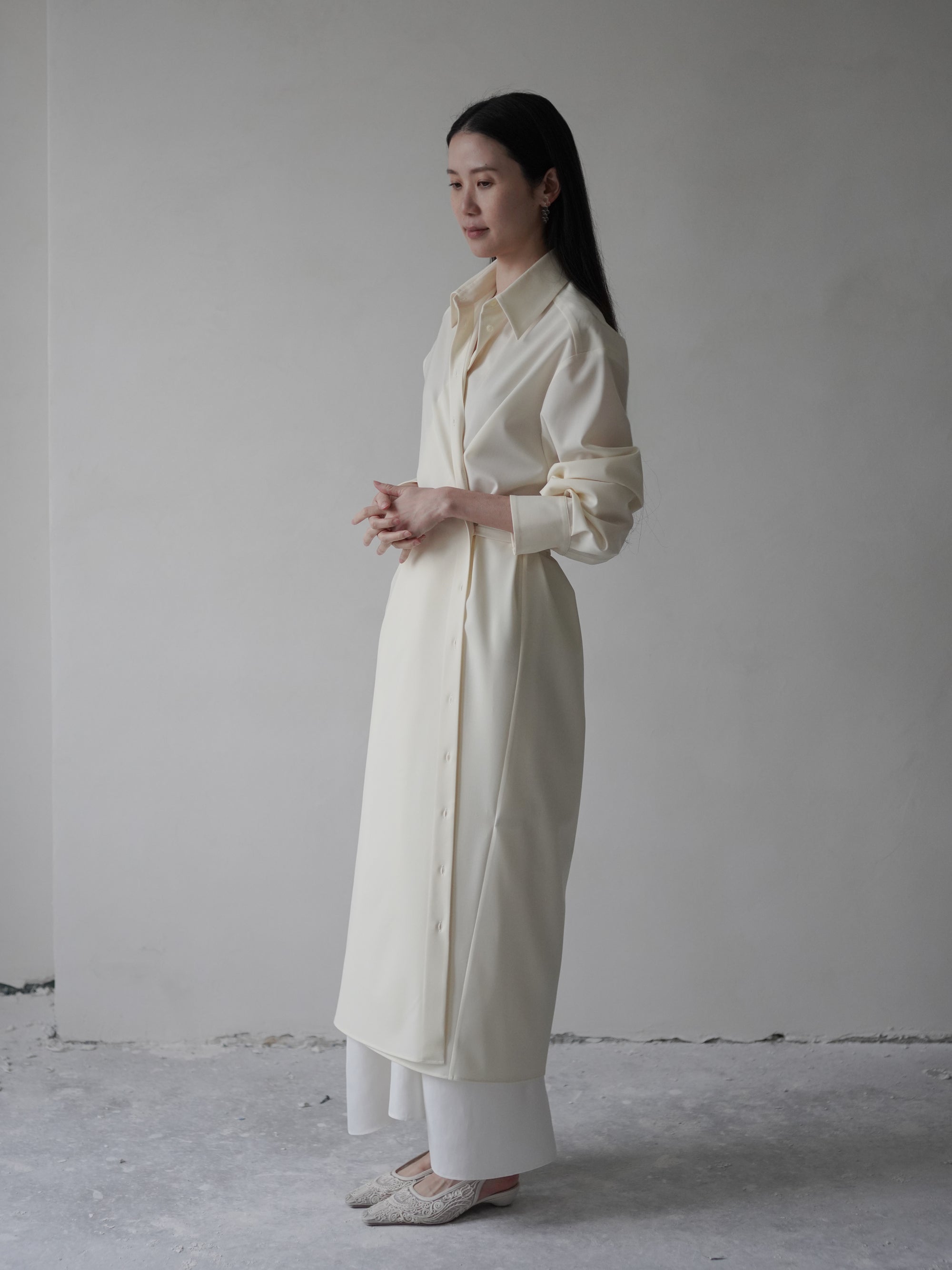 Gather Shirt Dress with Ribbon・Ivory