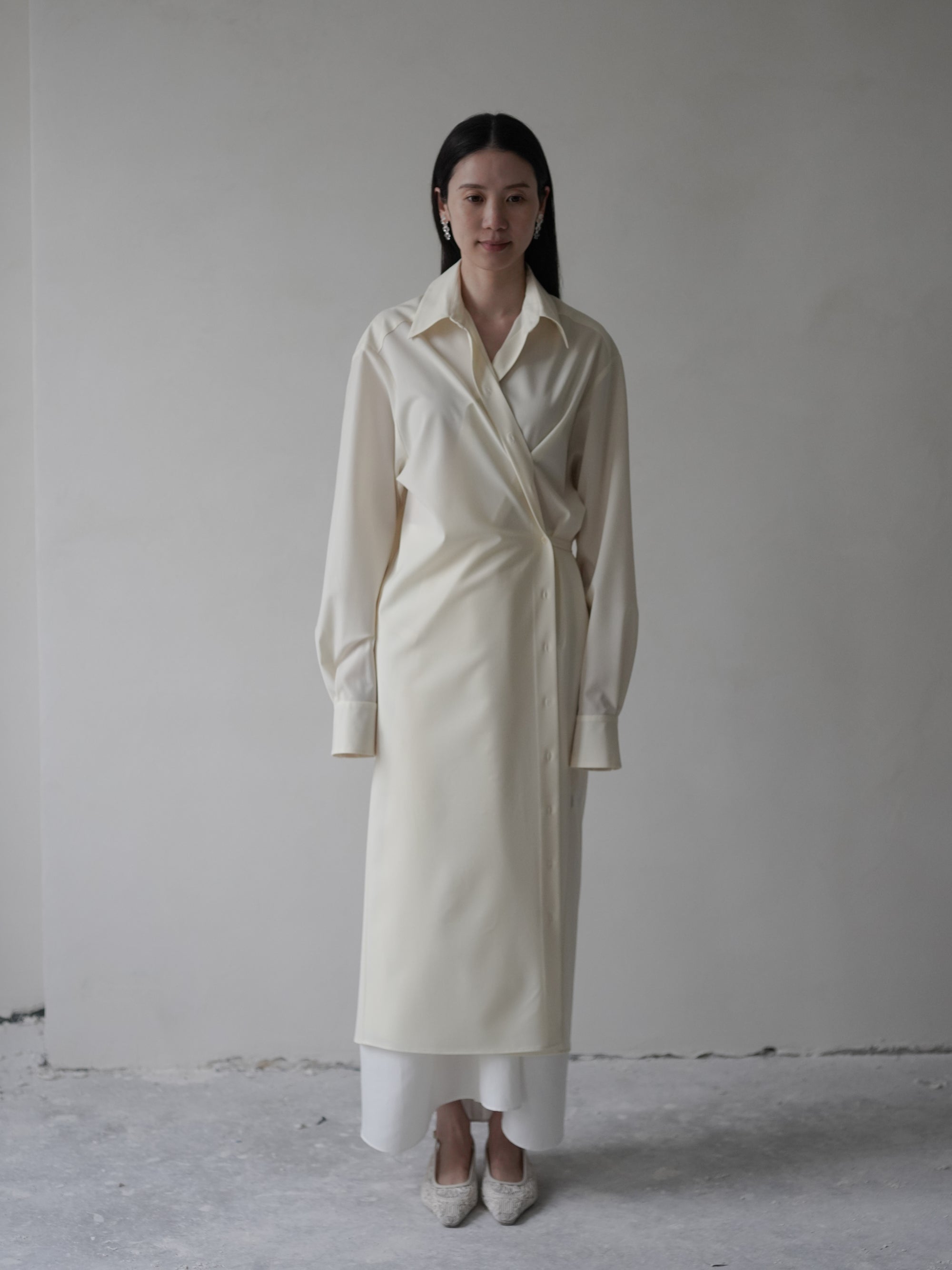 Gather Shirt Dress with Ribbon・Ivory