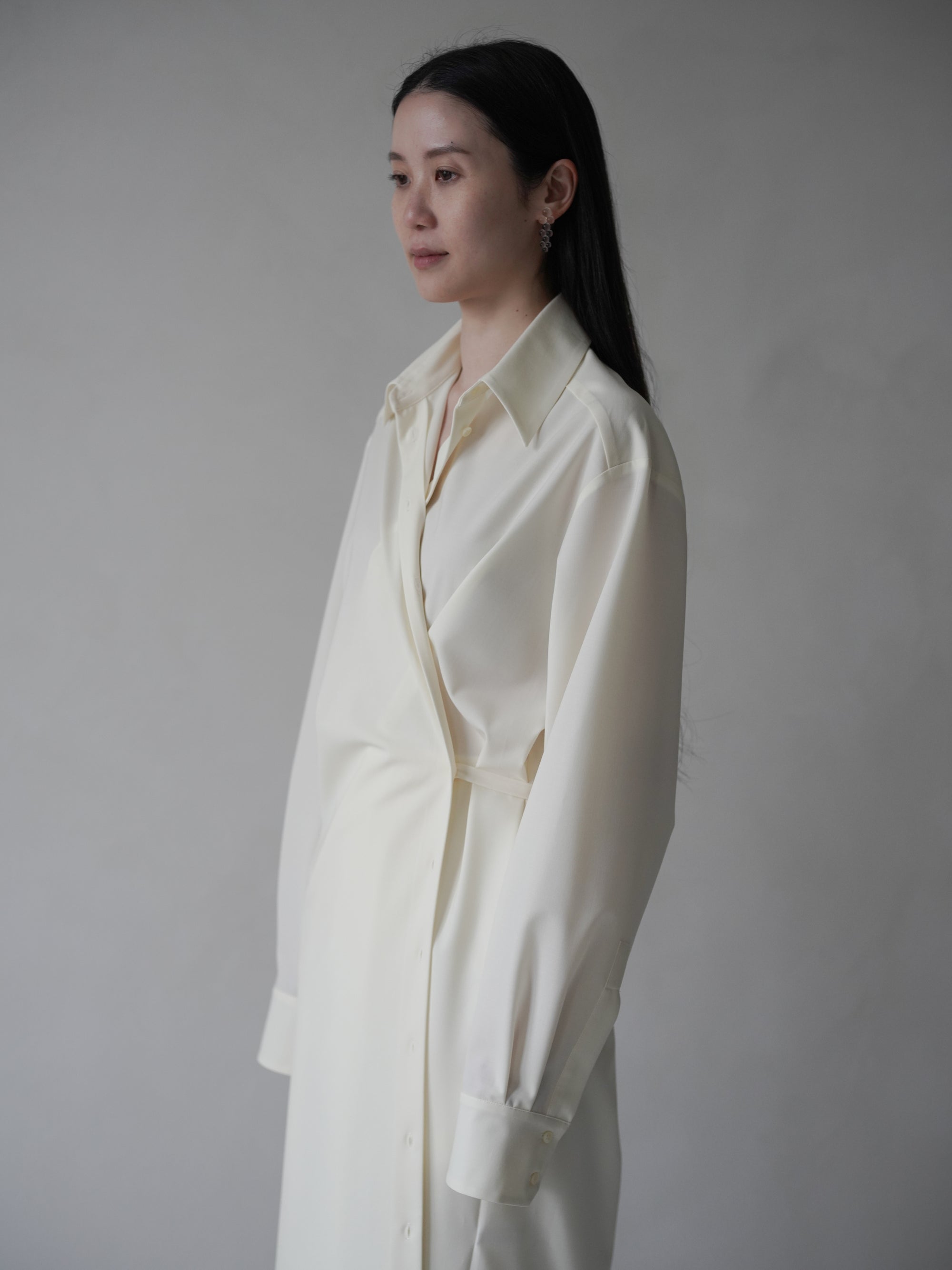 Gather Shirt Dress with Ribbon・Ivory