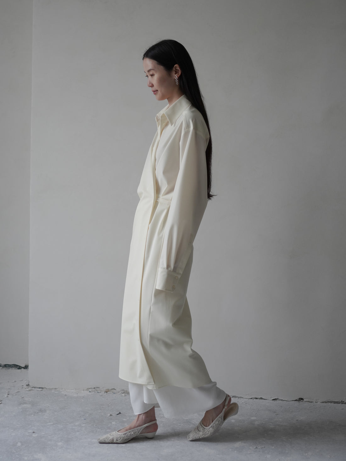 Gather Shirt Dress with Ribbon・Ivory
