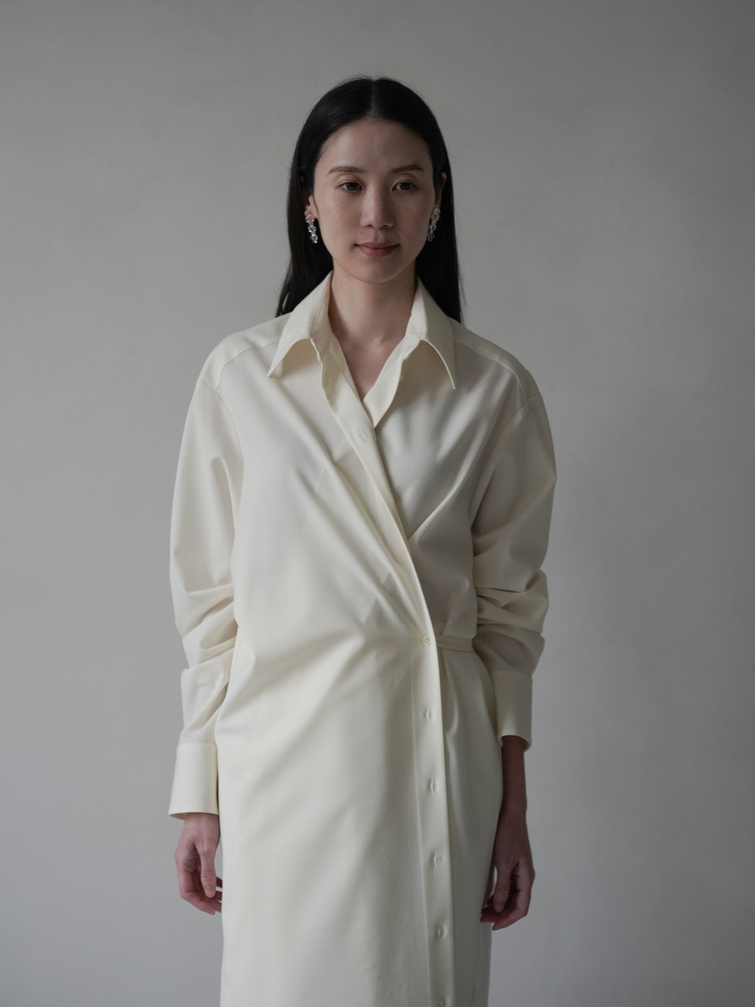 Gather Shirt Dress with Ribbon・Ivory