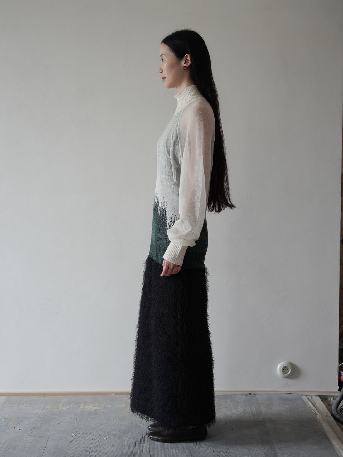 Sheer Jacquard High Neck Knit Top・Green
