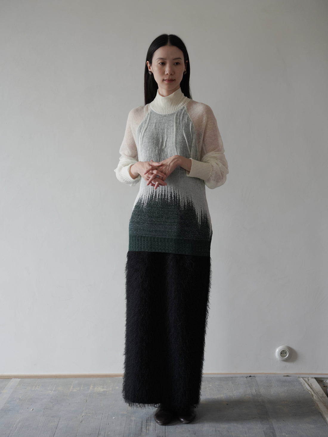Sheer Jacquard High Neck Knit Top・Green