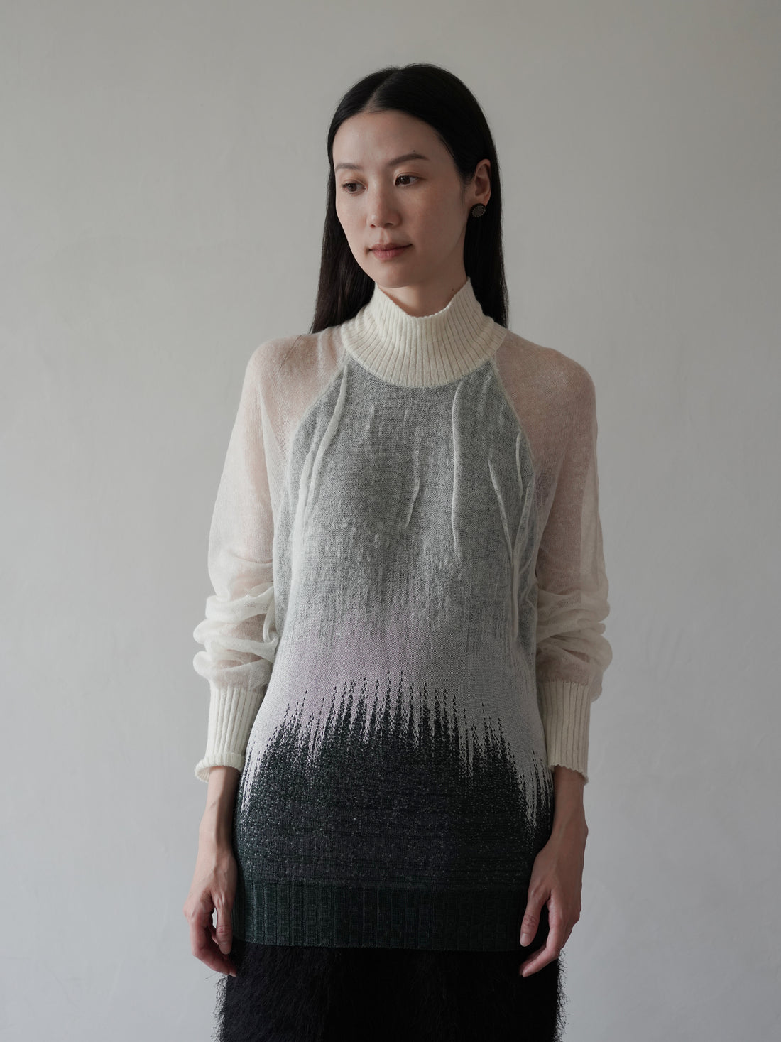 Sheer Jacquard High Neck Knit Top・Green