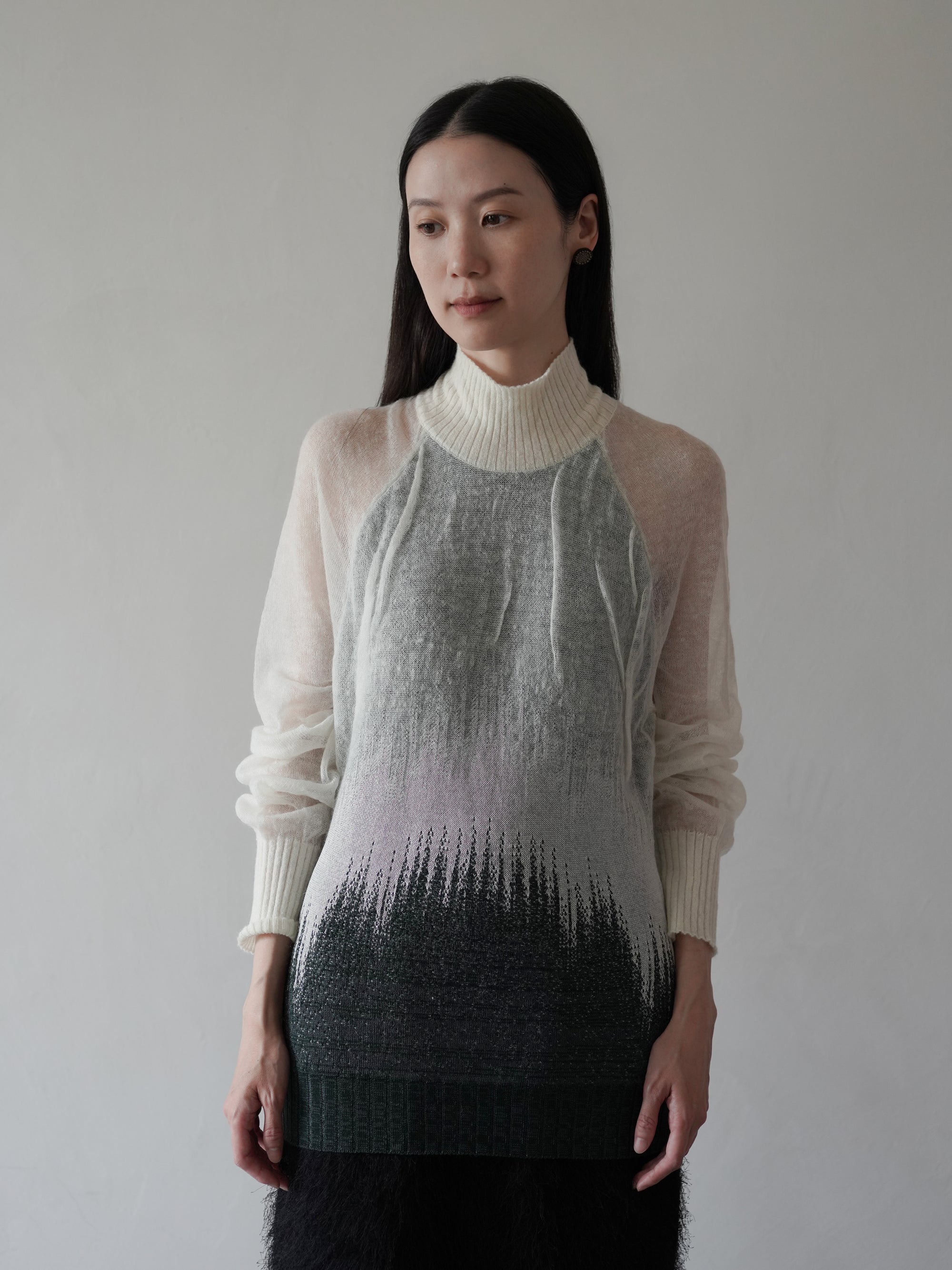 Sheer Jacquard High Neck Knit Top・Green